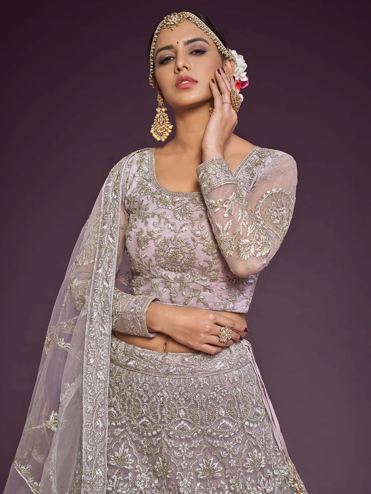 Odette Lavender Soft Net Embellished Semi Stitched Lehenga With Unstitched Blouse For Women - Image 5