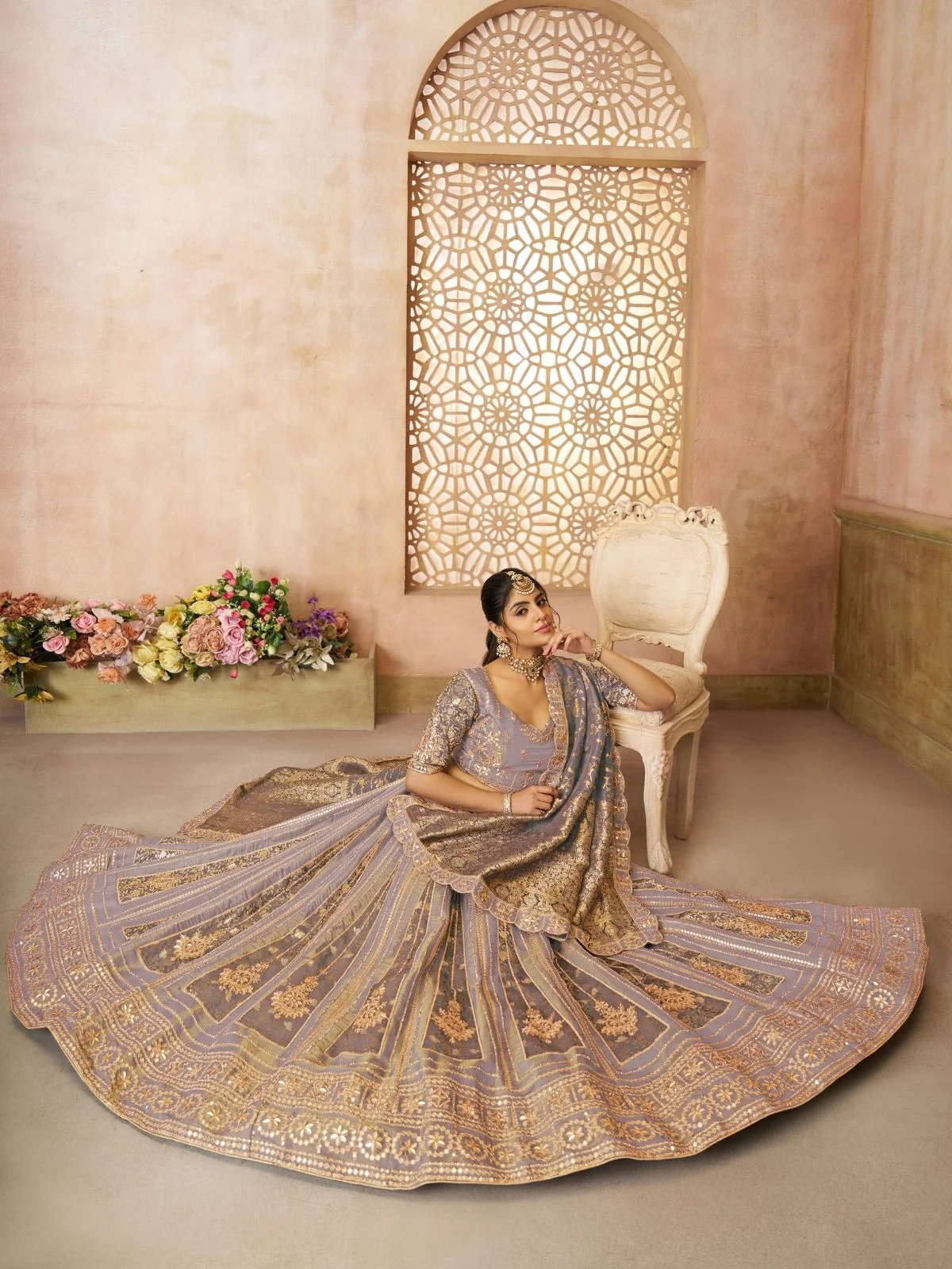 Odette Lavender Tissue Embroidered Semi-Stitched Lehenga For Women - Image 2