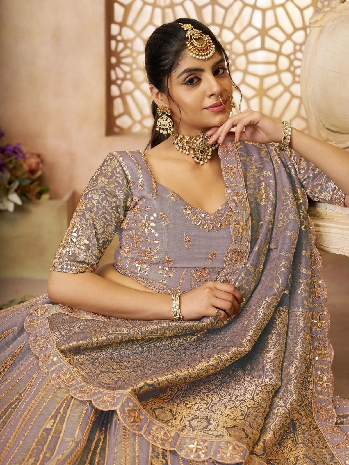 Odette Lavender Tissue Embroidered Semi-Stitched Lehenga For Women - Image 4