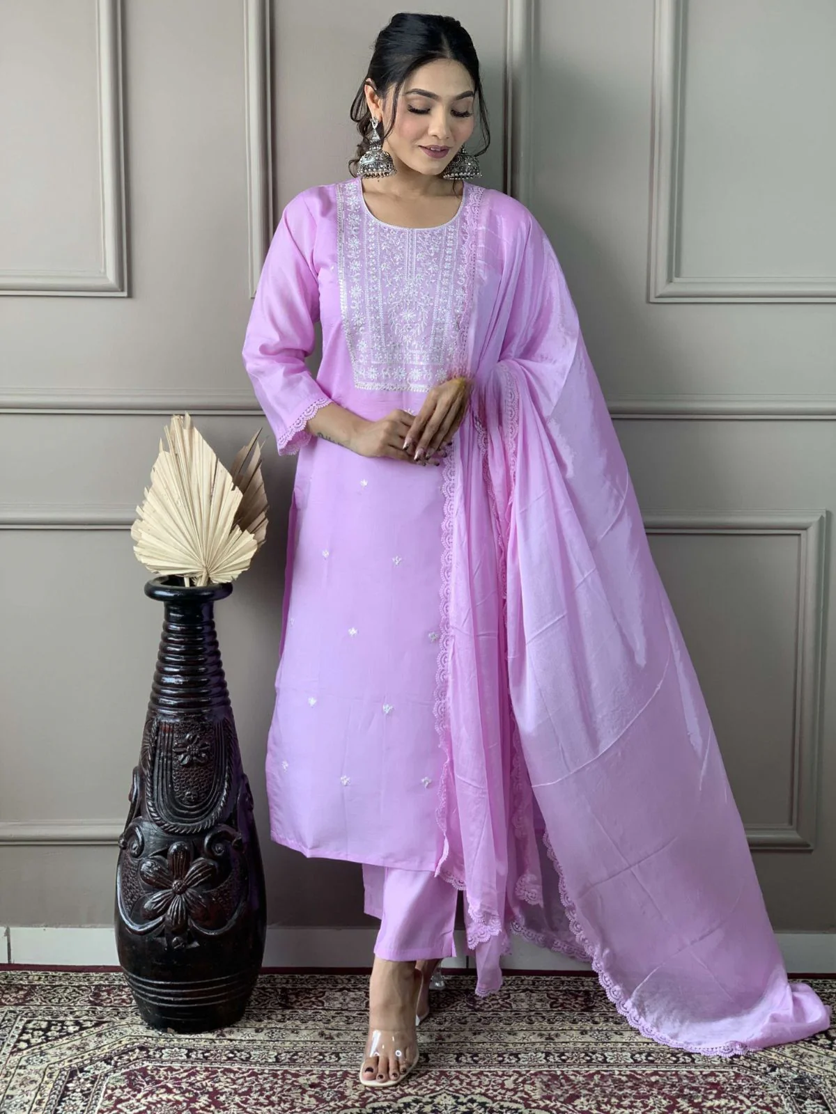 Odette Lavender Viscose Embroidered Stitched Kurta Set For Women - Image 2