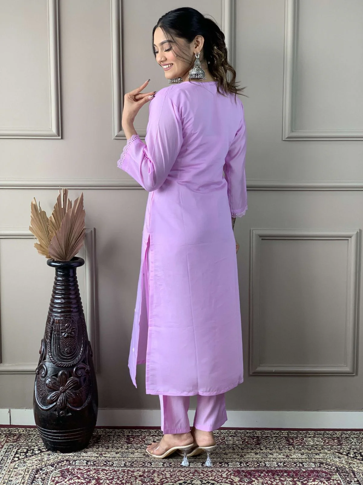 Odette Lavender Viscose Embroidered Stitched Kurta Set For Women - Image 6