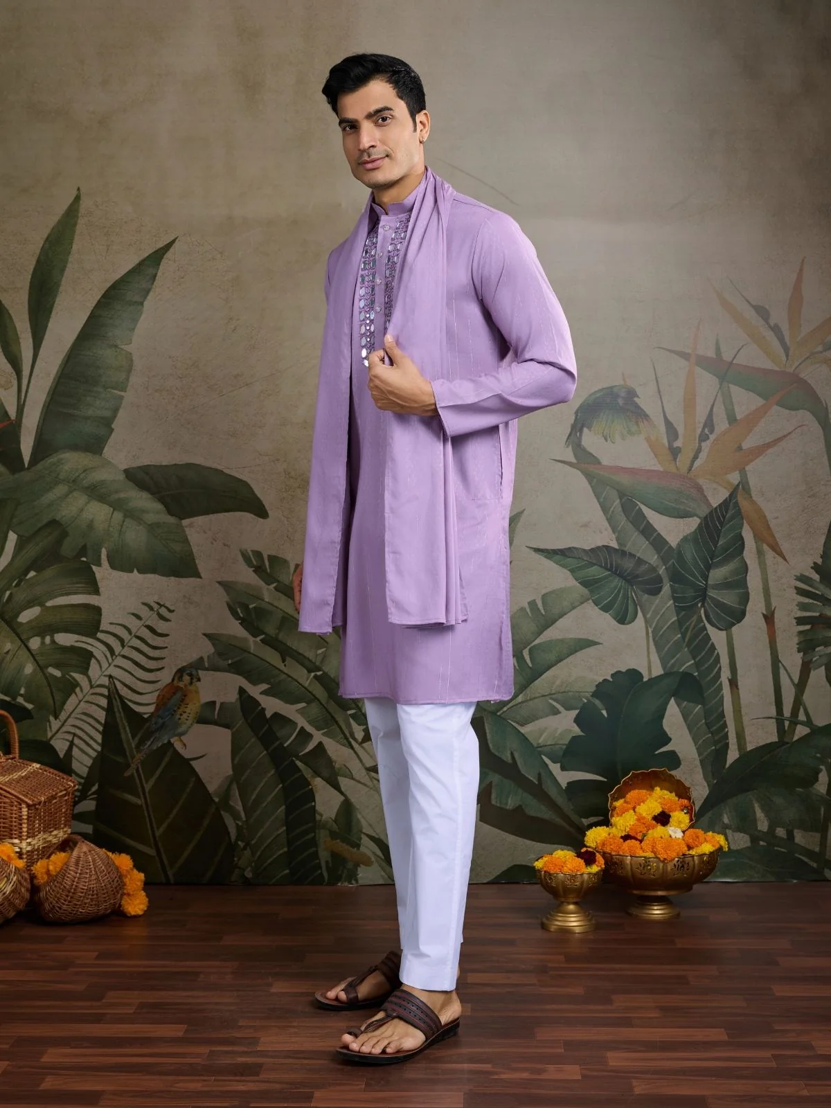 Odette Lavender Viscose Rayon Embellished Stitched Kurta For Men - Image 3