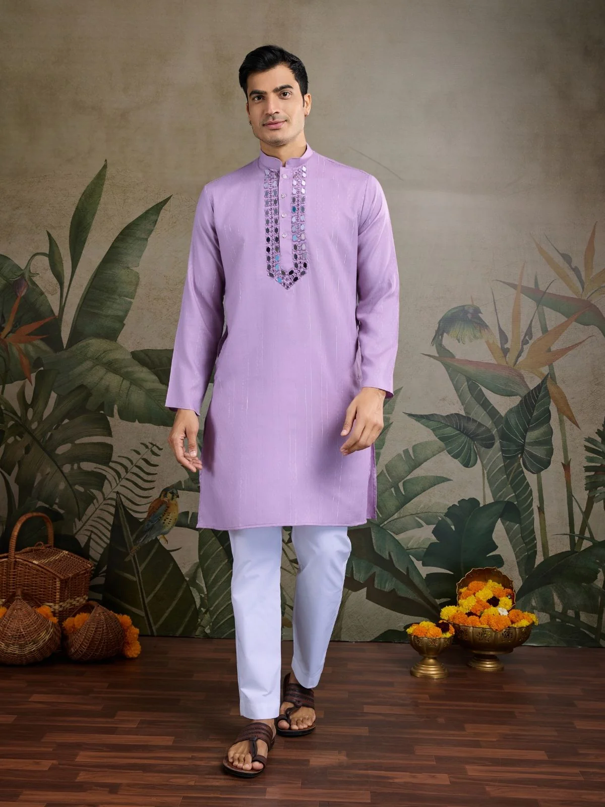 Odette Lavender Viscose Rayon Embellished Stitched Kurta For Men - Image 4