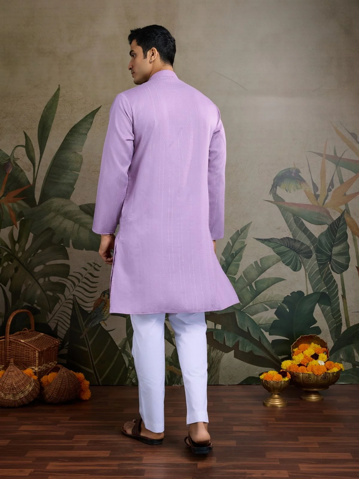 Odette Lavender Viscose Rayon Embellished Stitched Kurta For Men - Image 5
