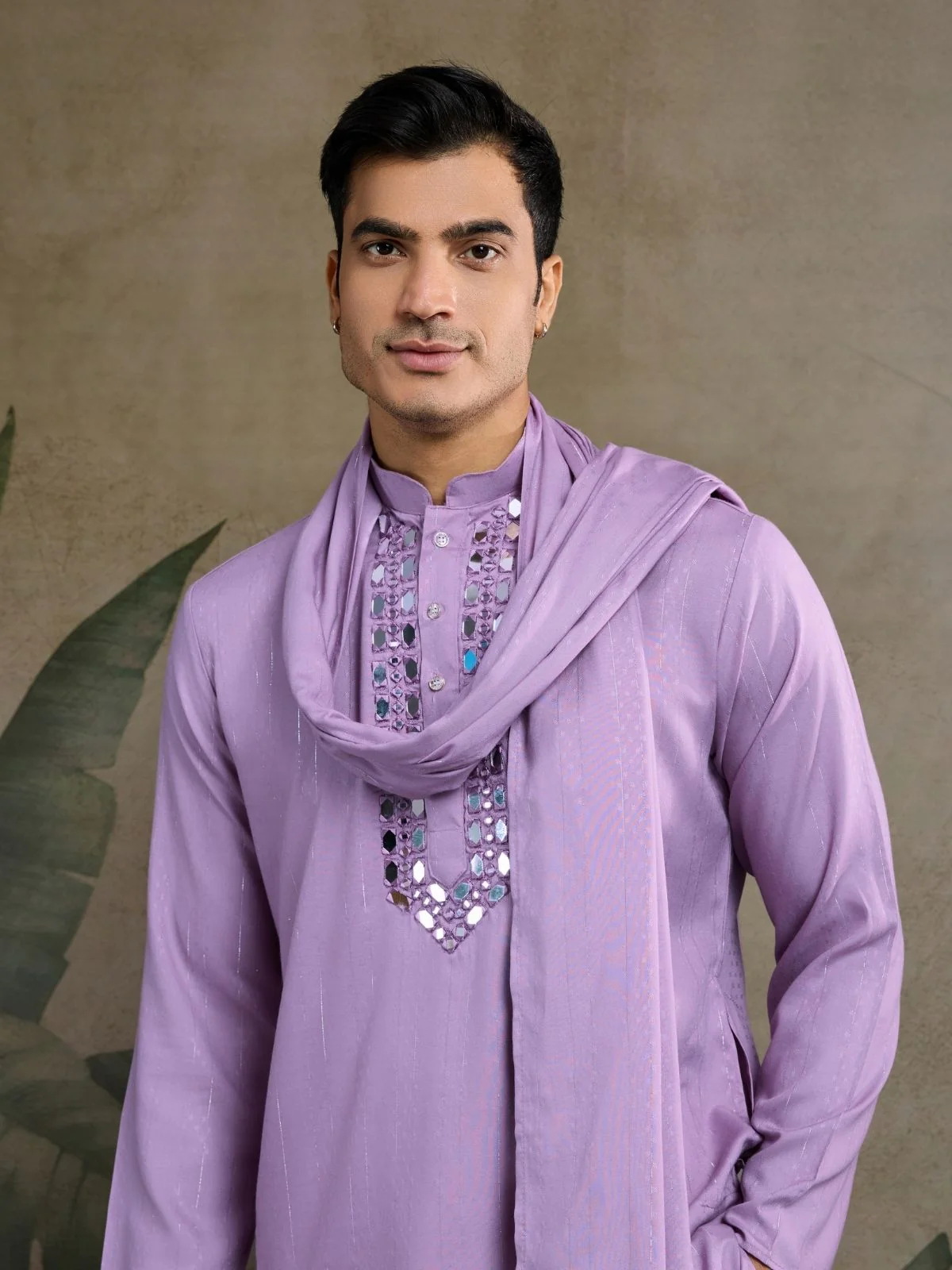 Odette Lavender Viscose Rayon Embellished Stitched Kurta For Men - Image 6