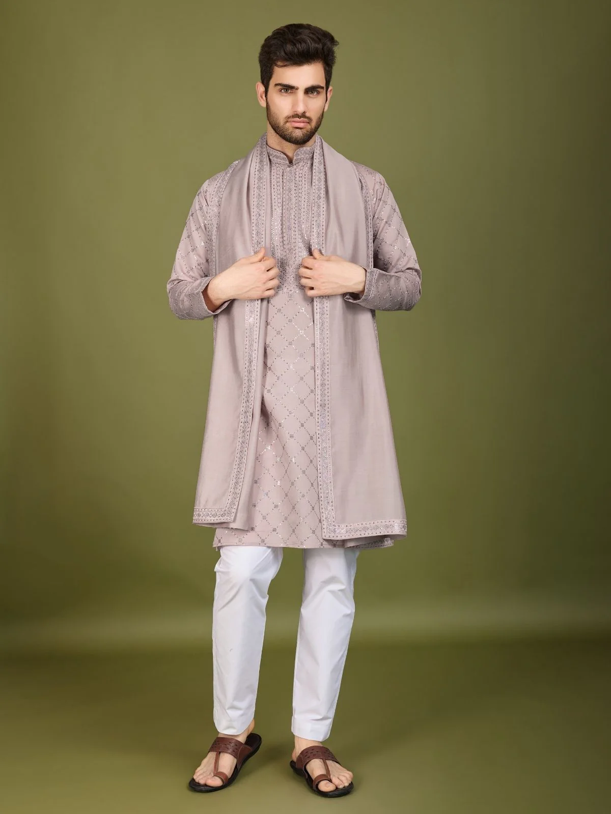 Odette Lavender Viscose Silk Embellished Stitched Kurta For Men - Image 2