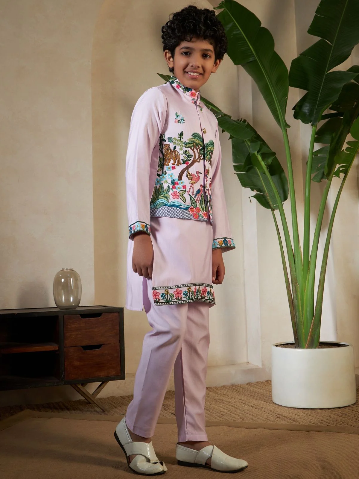 Odette Lavender Viscose Silk Embellished Stitched Kurta Set For Kids - Image 2