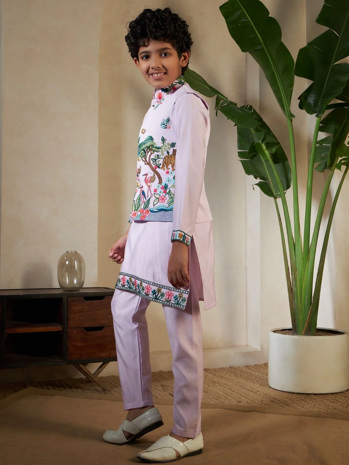 Odette Lavender Viscose Silk Embellished Stitched Kurta Set For Kids - Image 3