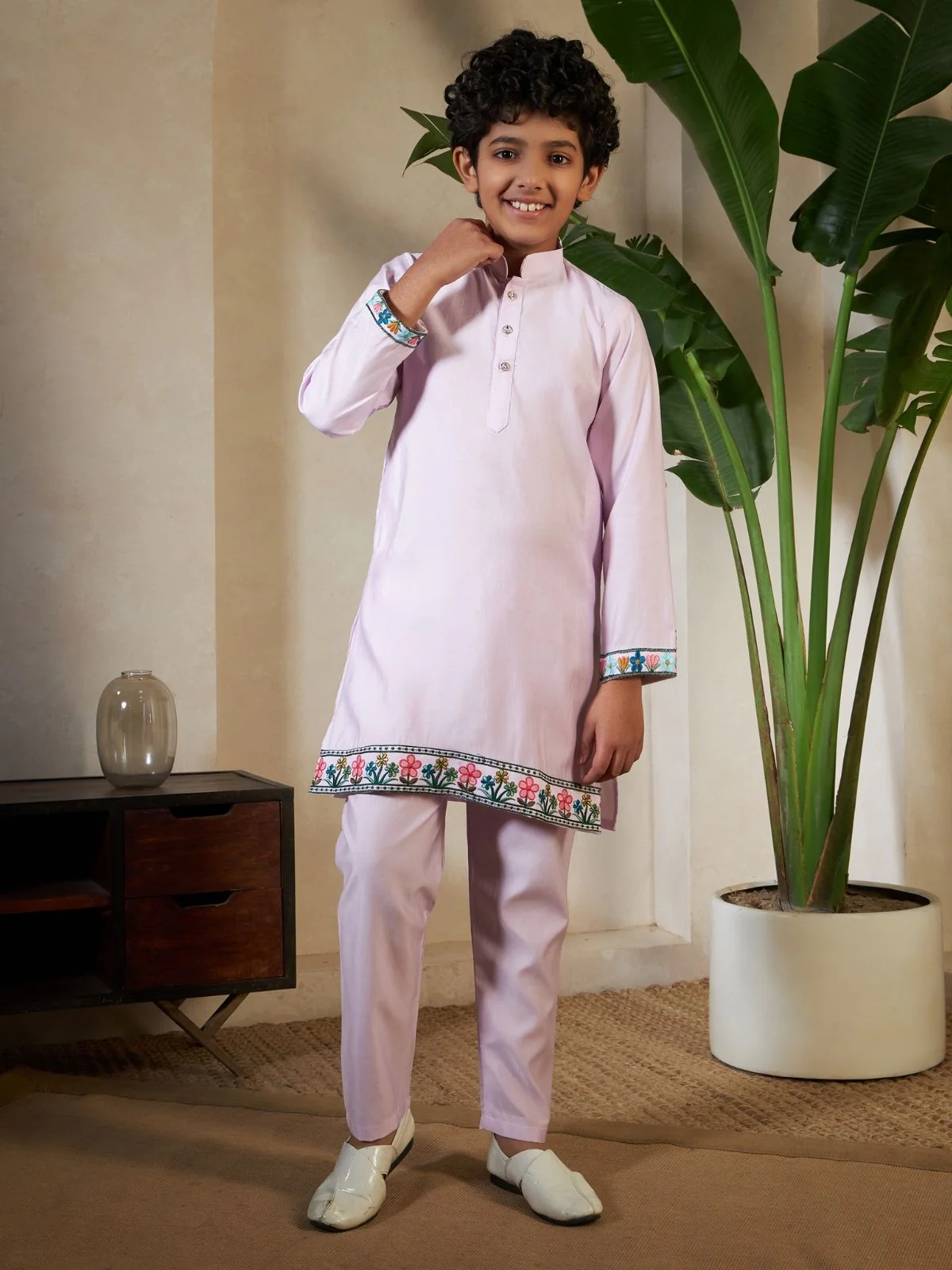 Odette Lavender Viscose Silk Embellished Stitched Kurta Set For Kids - Image 4