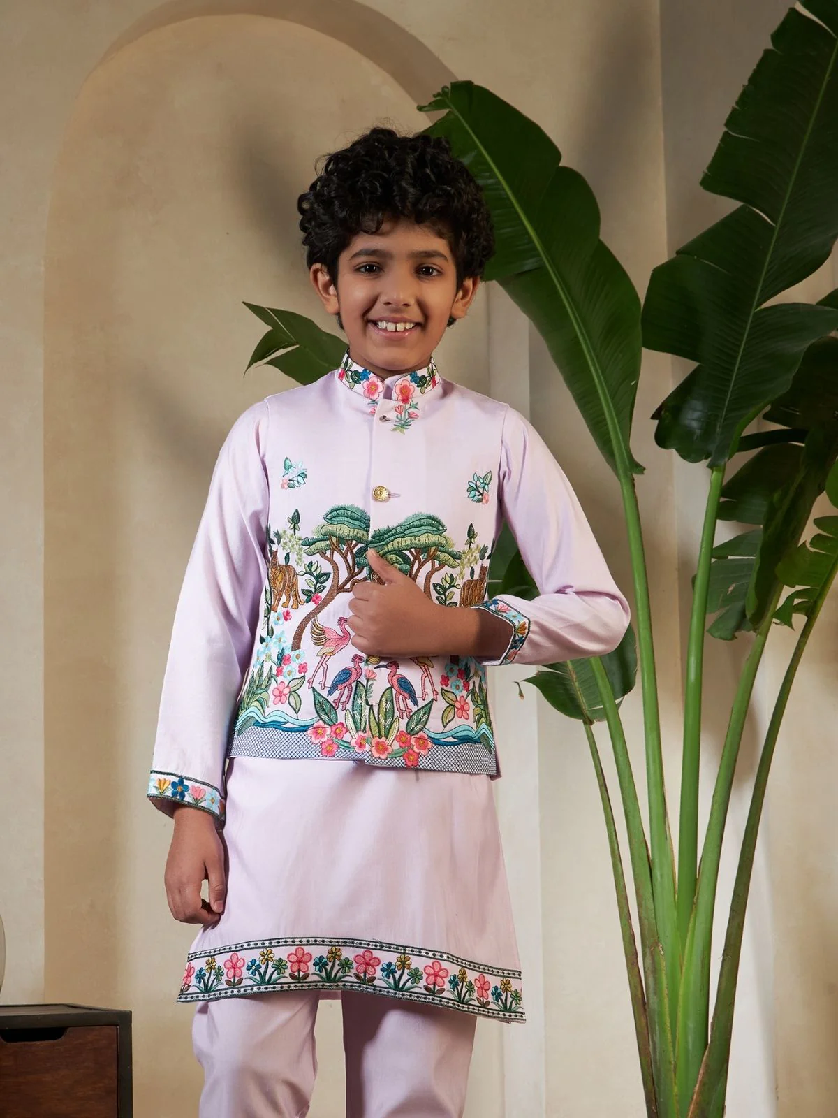 Odette Lavender Viscose Silk Embellished Stitched Kurta Set For Kids - Image 5