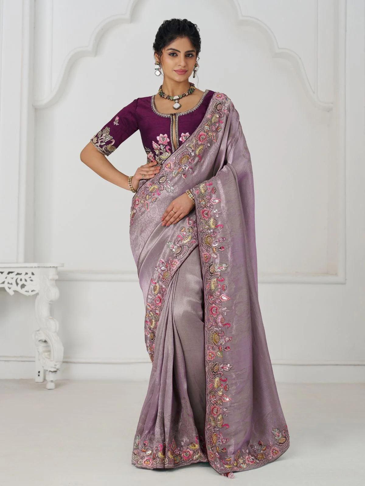 Odette Lavender Viscose Silk Embroidered Saree For Women
