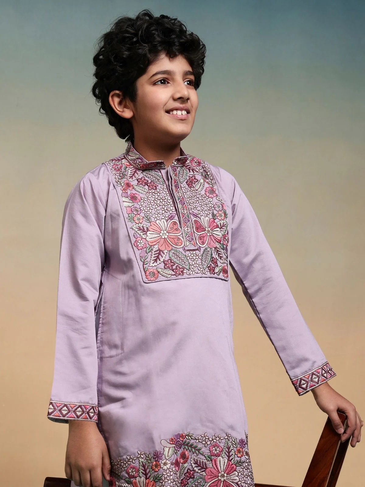 Odette Lavender Viscose Silk Embroidered Stitched Kurta Set For Kids - Image 5