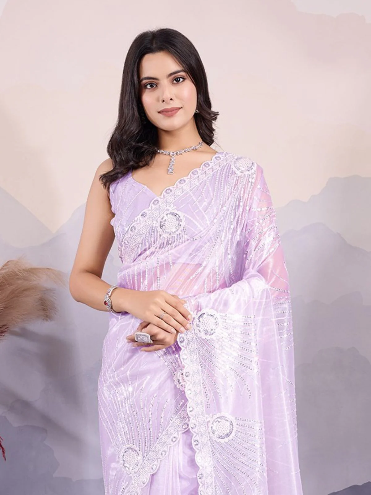 Odette Lavender Organza Embroidered Saree For Women - Image 3