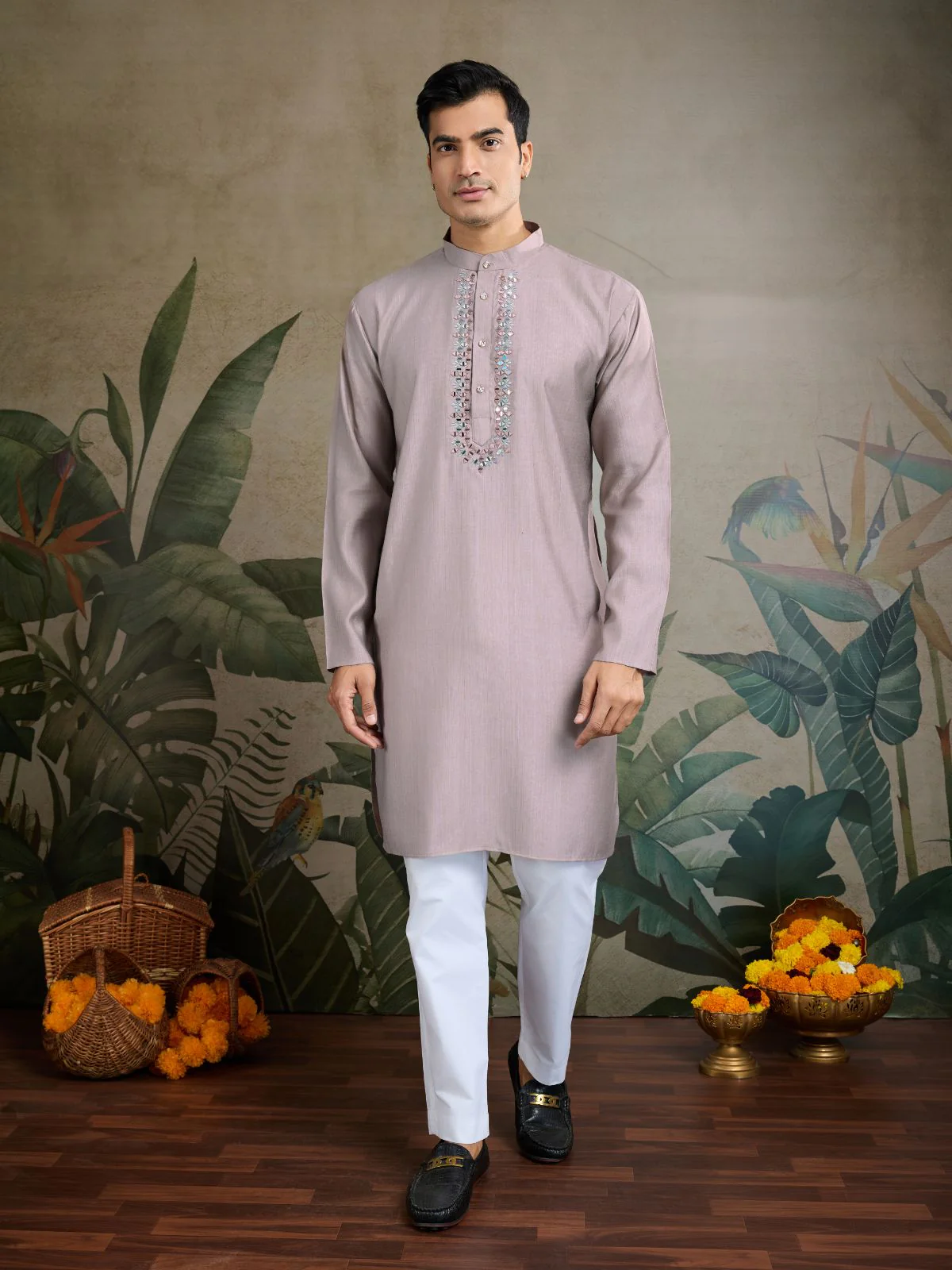 Odette Lavender Silk Blend Embellished Kurta For Men - Image 3