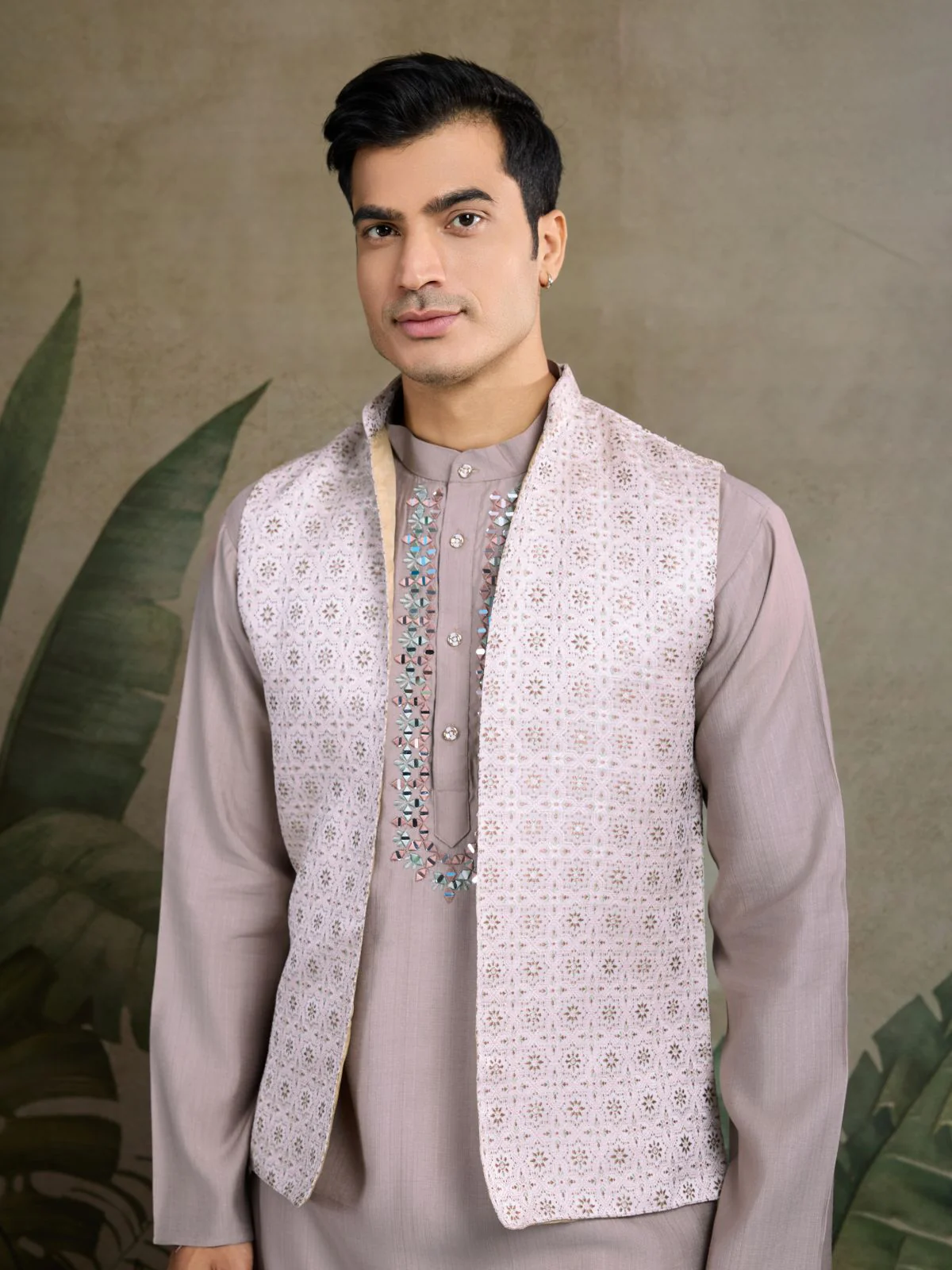 Odette Lavender Silk Blend Embellished Kurta For Men - Image 5