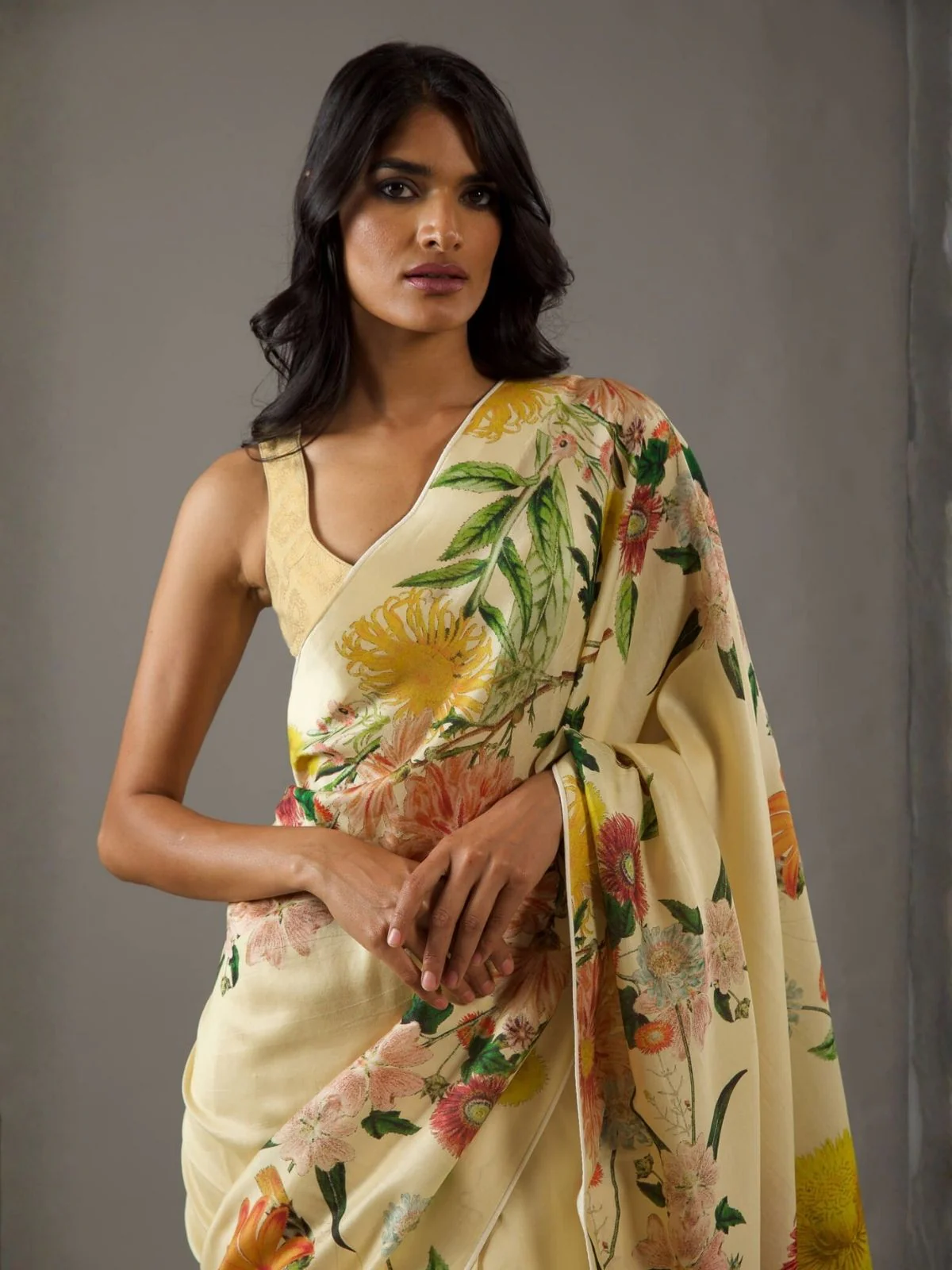 Odette Light Beige Georgette Floral Print Saree For Women - Image 3