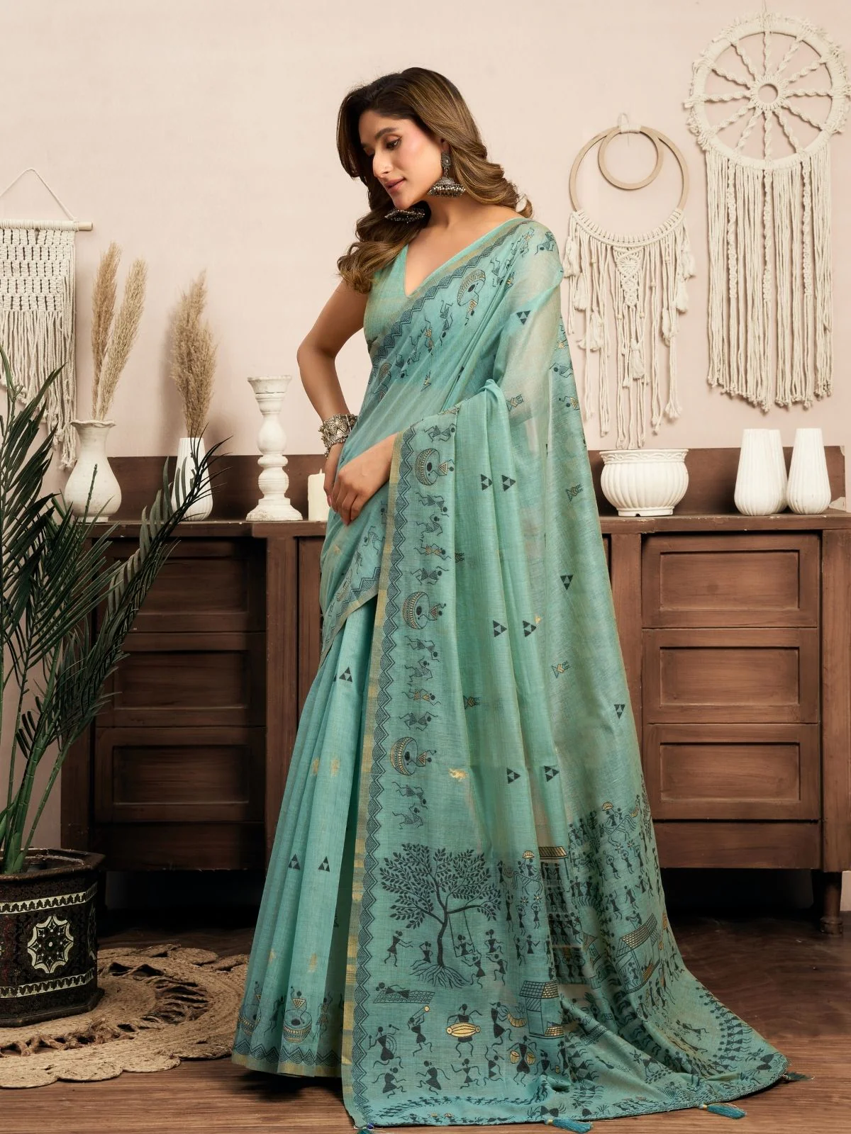 Odette Light Blue Cotton Blend Printed Saree For Women - Image 2