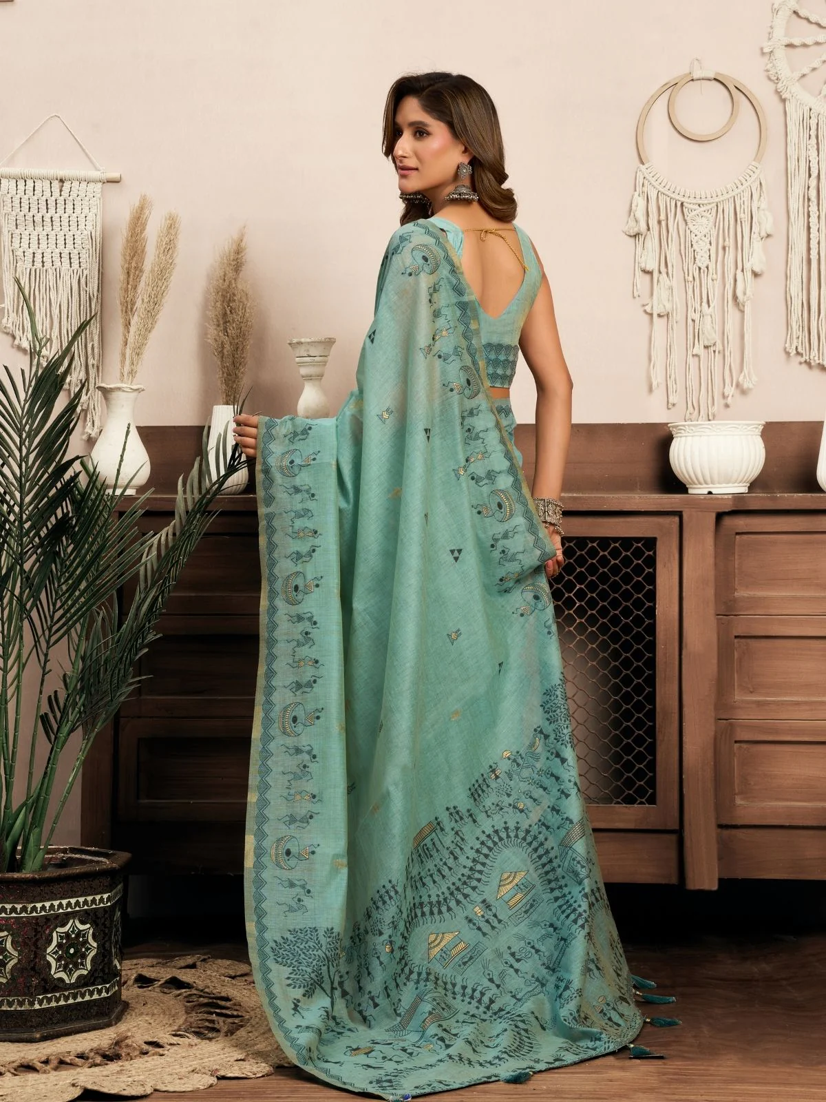 Odette Light Blue Cotton Blend Printed Saree For Women - Image 4