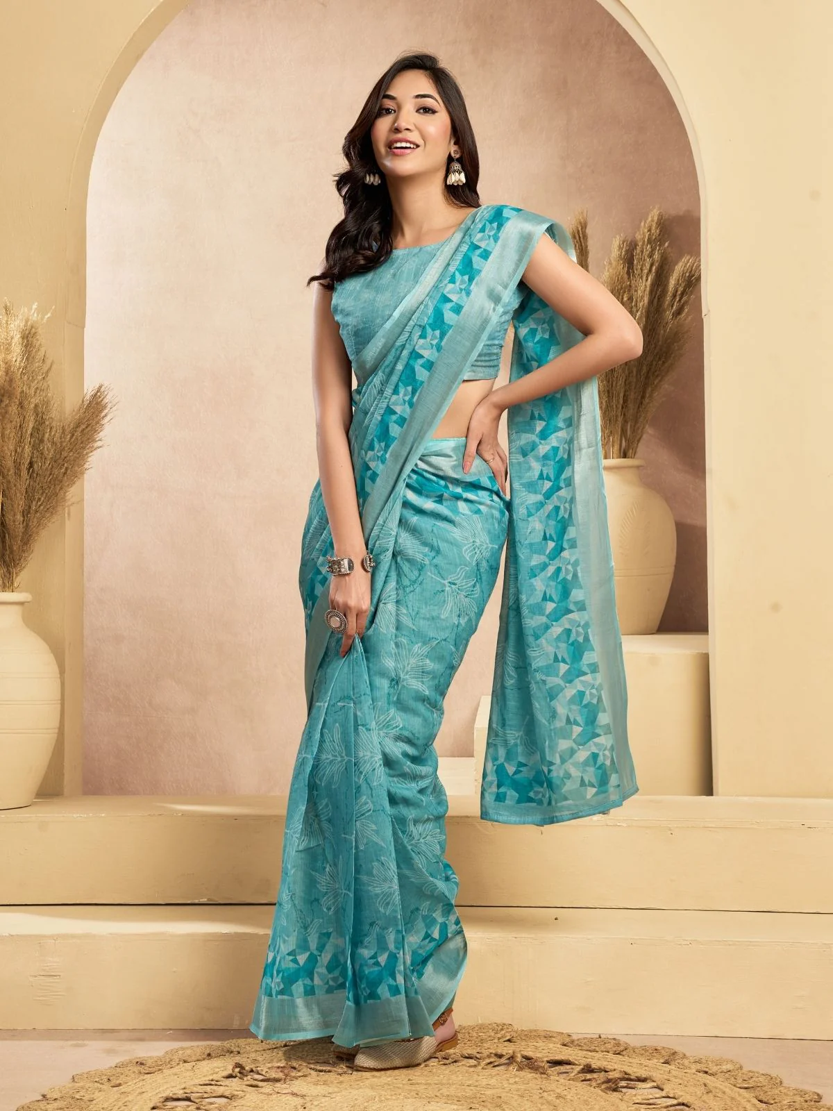 Odette Light Blue Cotton Linen Zari Work Saree For Women - Image 2