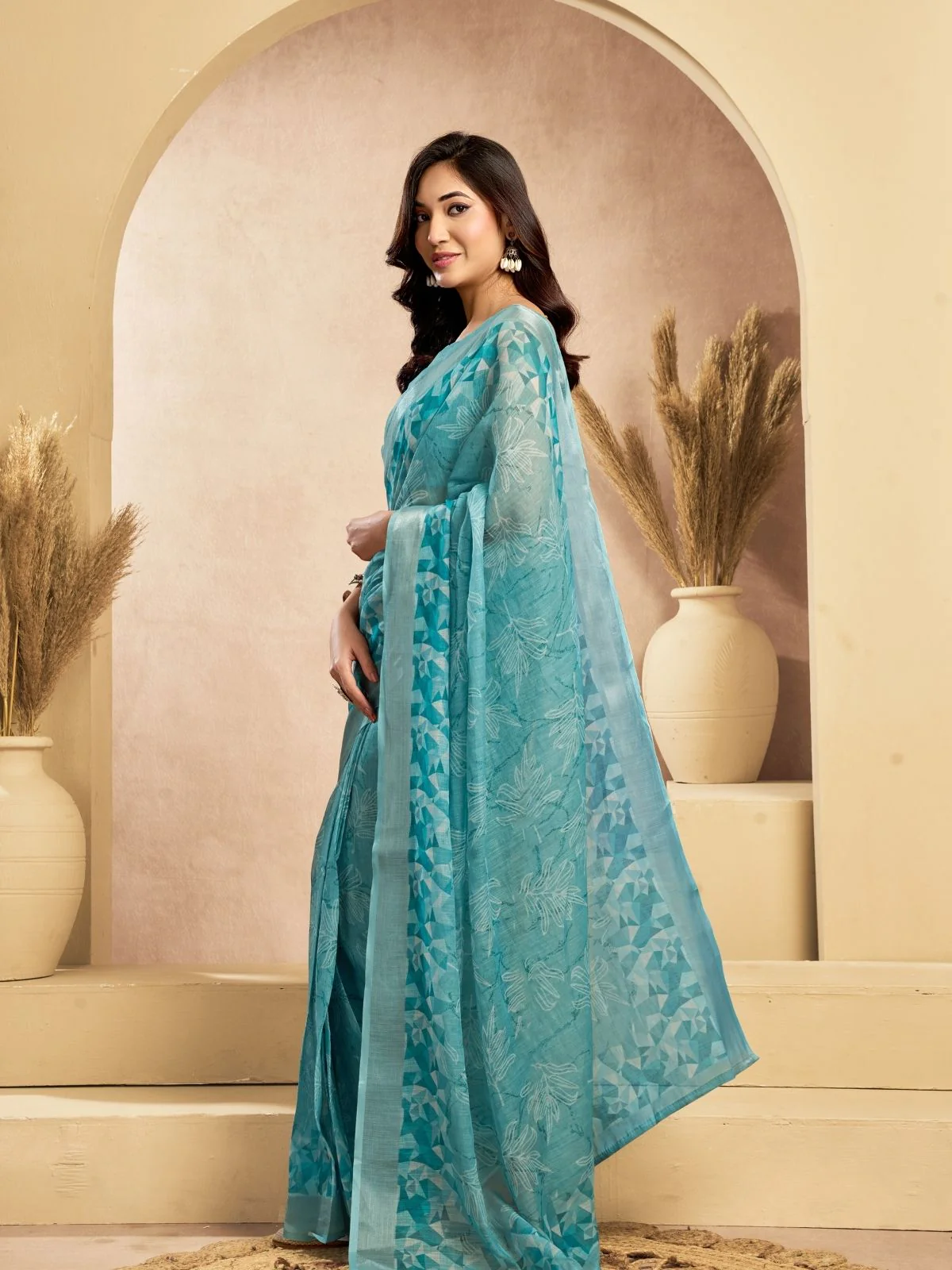 Odette Light Blue Cotton Linen Zari Work Saree For Women - Image 3