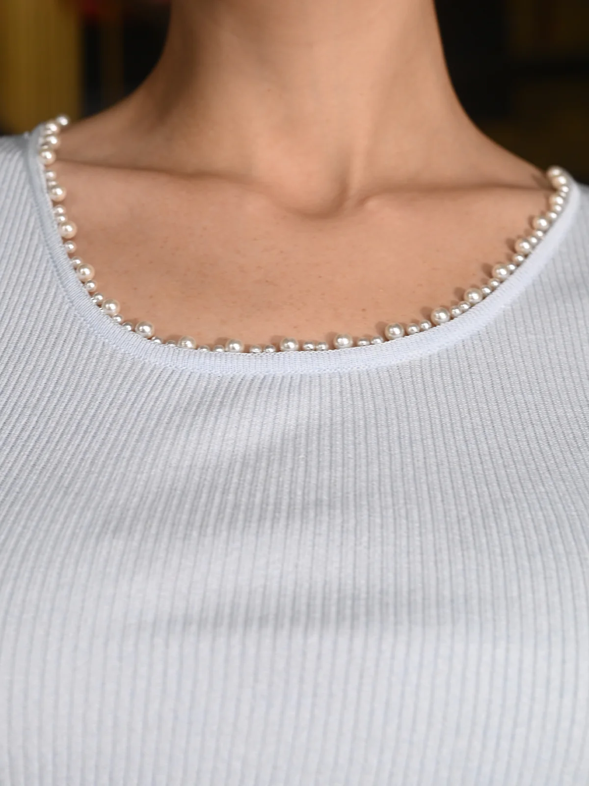Odette Light Blue Cotton Rib Embroidered Top For Women - Image 5