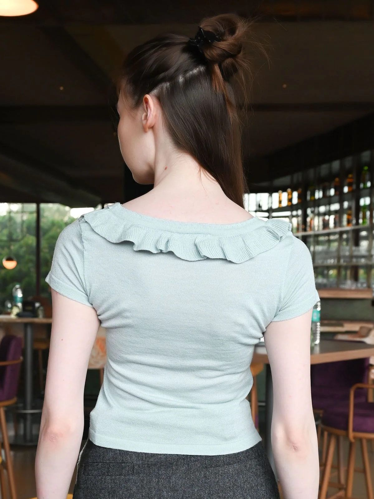 Odette Light Blue Cotton Rib Solid Top For Women - Image 3