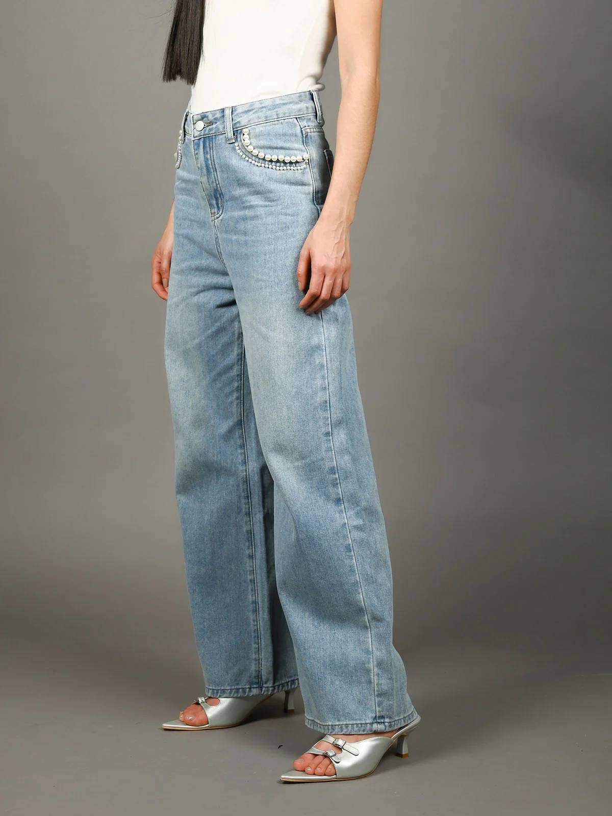 Odette Light Blue Denim Beaded Jeans For Women - Image 2