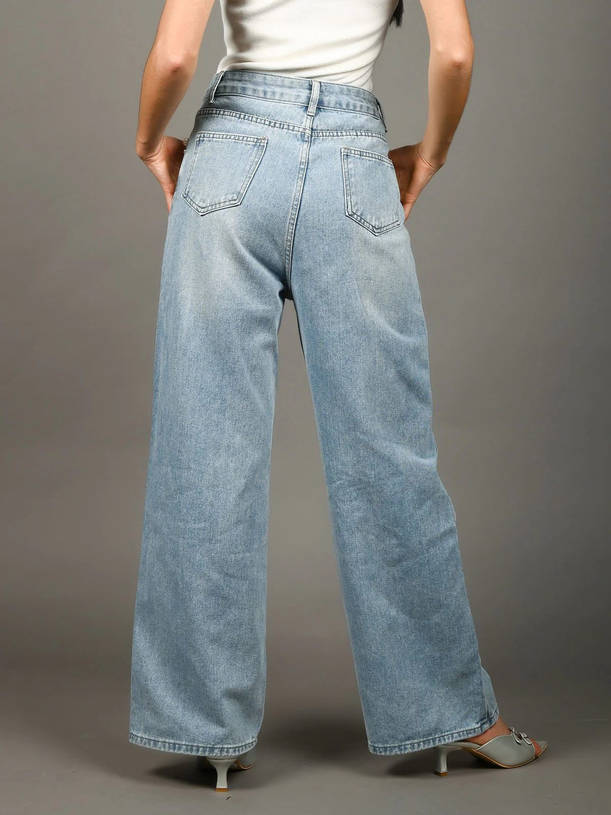 Odette Light Blue Denim Beaded Jeans For Women - Image 3