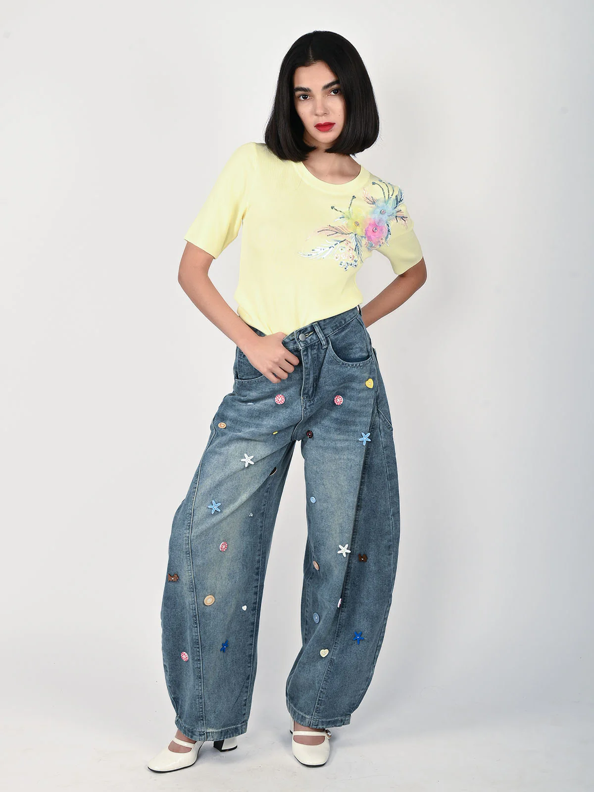Odette Light Blue Denim Button Work Jeans For Women - Image 5
