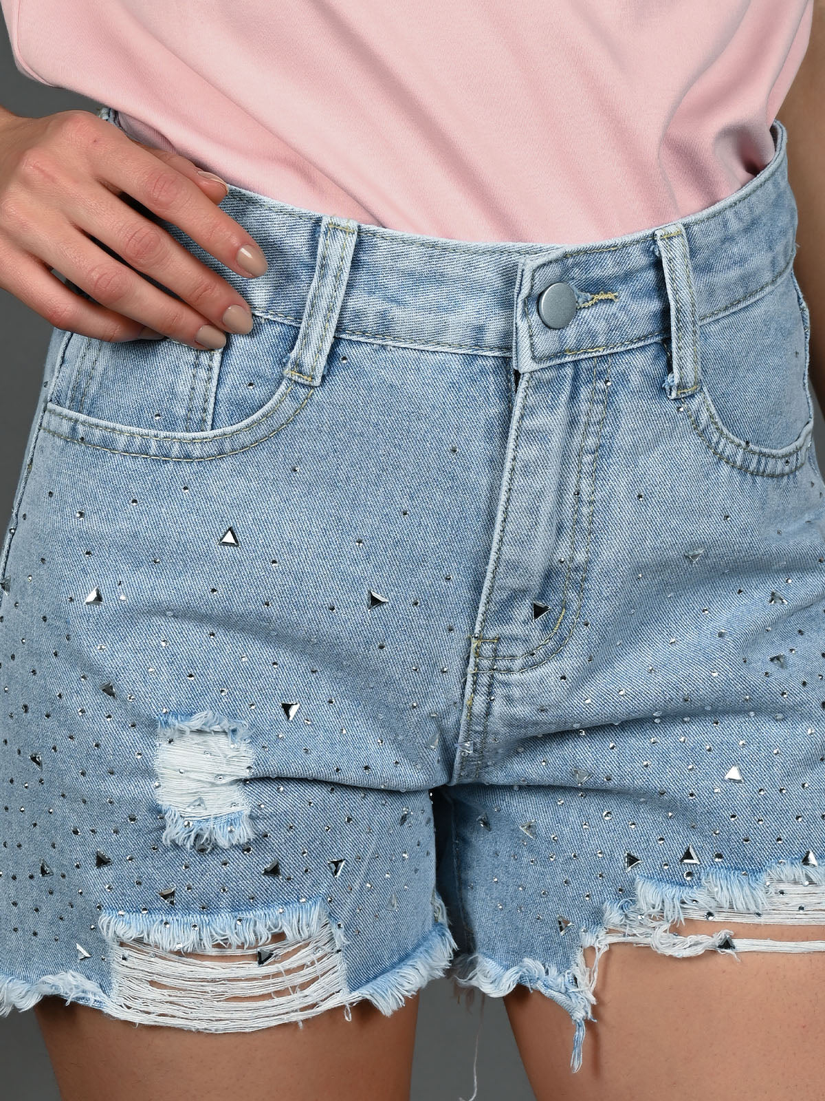 Odette Light Blue Denim Embellished Short Pant For Women - Image 5