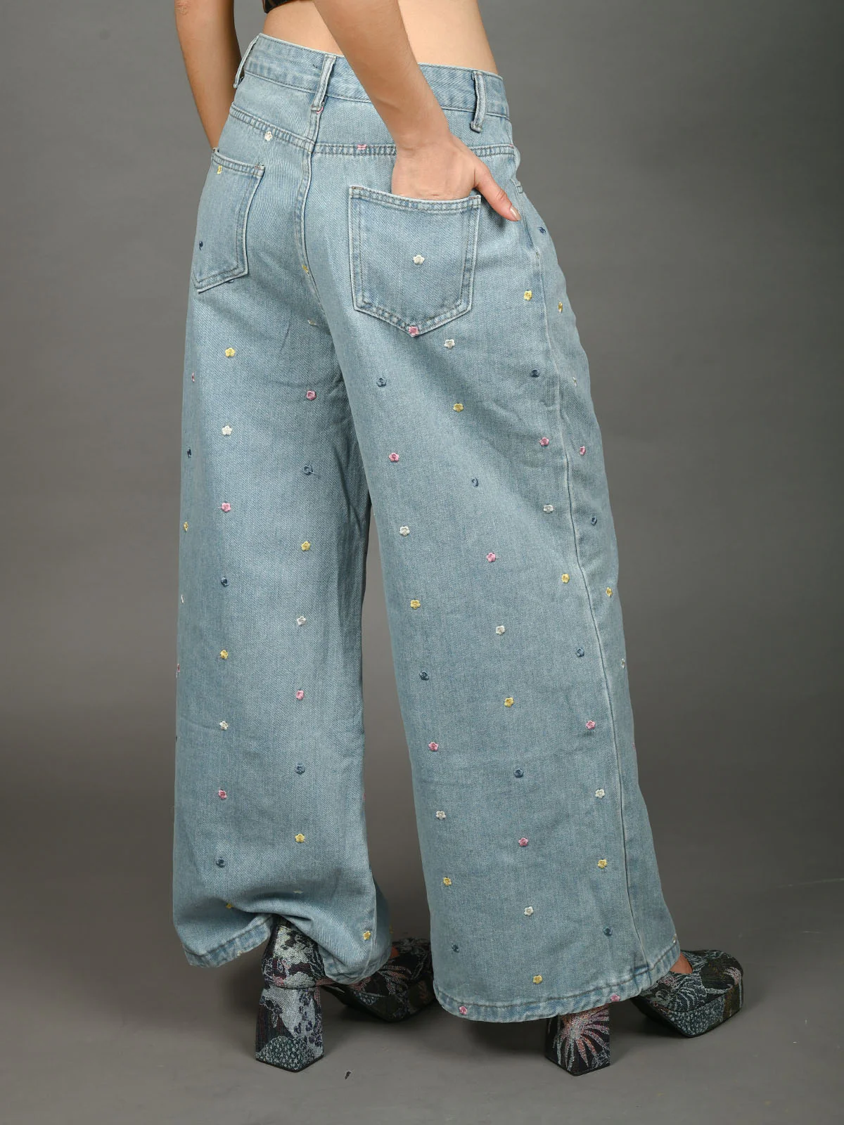 Odette Light Blue Denim Embroidered Jeans For Women - Image 3