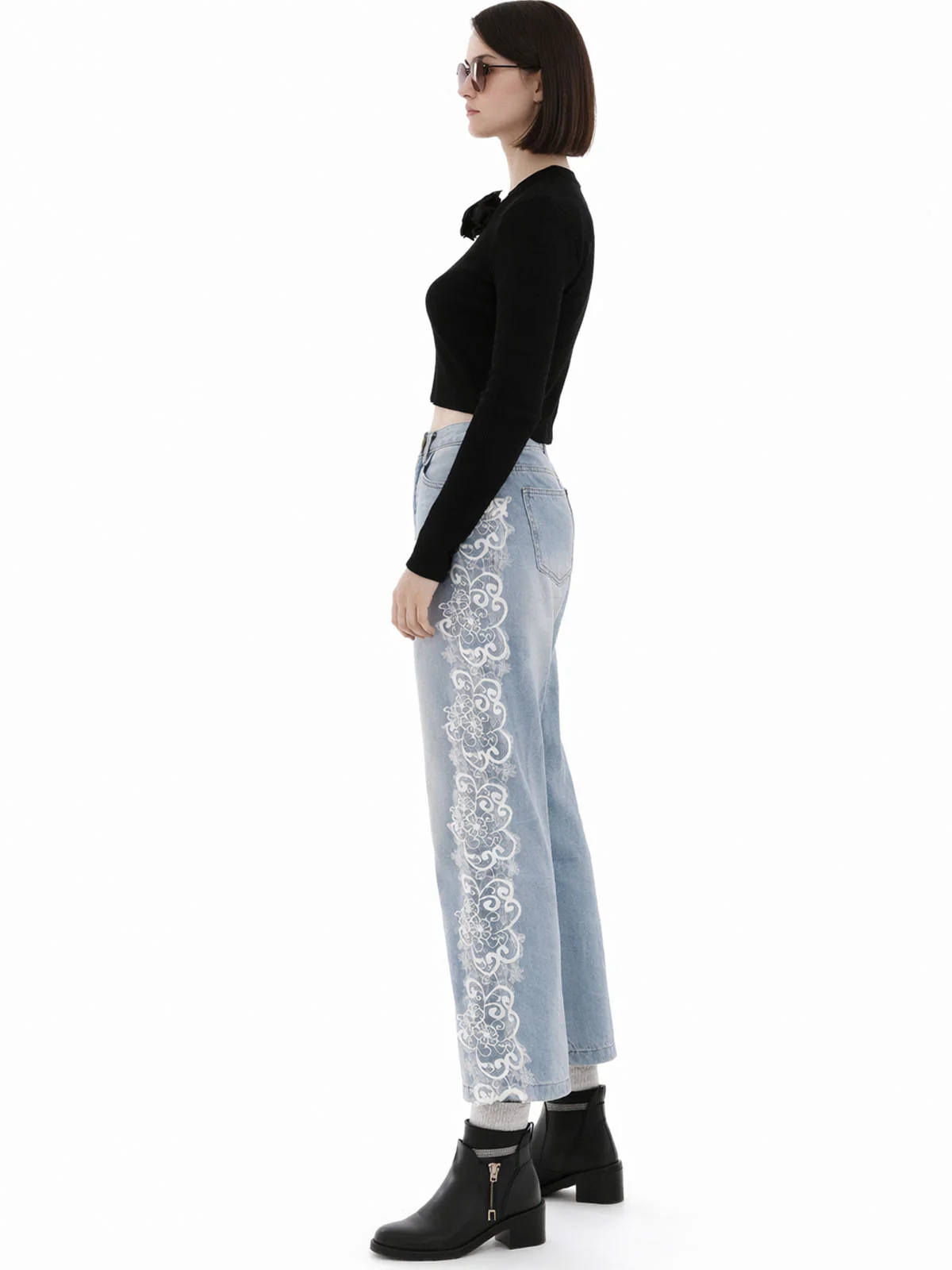 Odette Light Blue Denim Lace Work Jeans For Women - Image 2