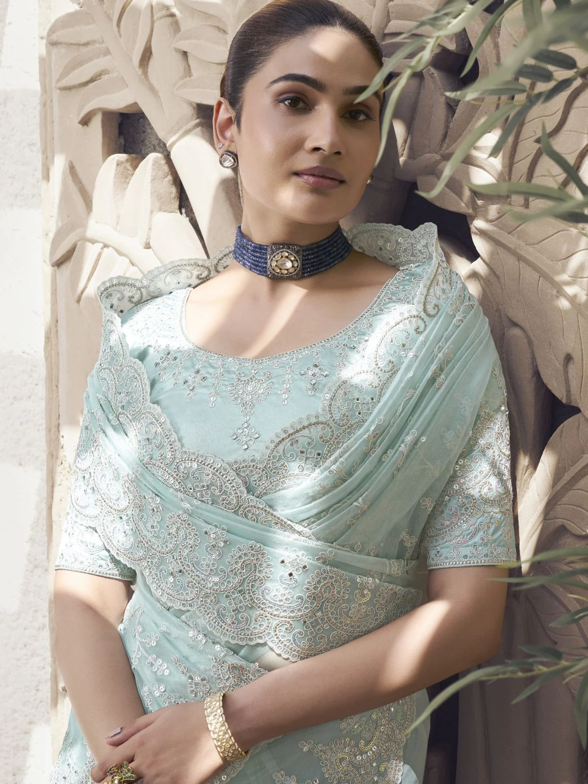 Odette Light Blue Embroidered Net Saree With Unstitched Blouse For Women - Image 2