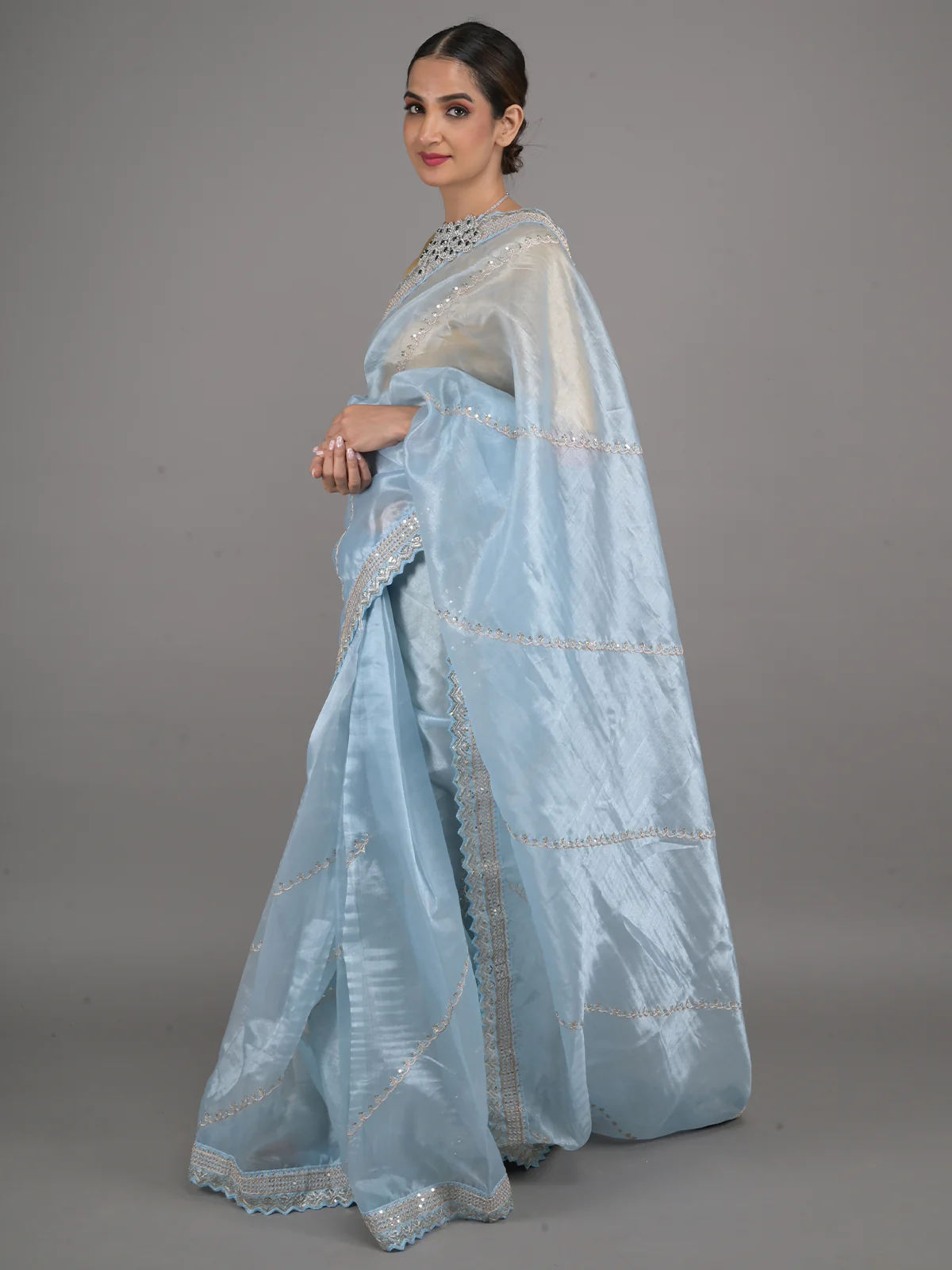 Odette Light Blue Embroidered Organza Saree With Unstitched Blouse For Women - Image 2