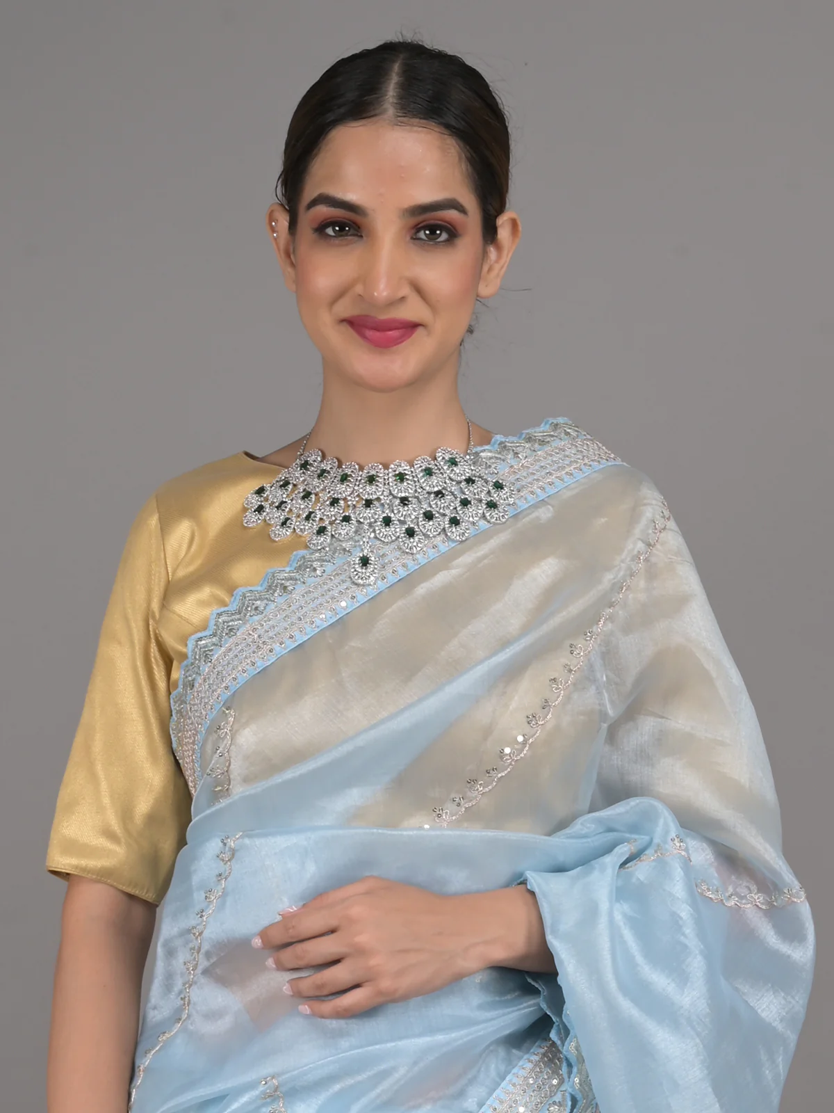 Odette Light Blue Embroidered Organza Saree With Unstitched Blouse For Women - Image 4