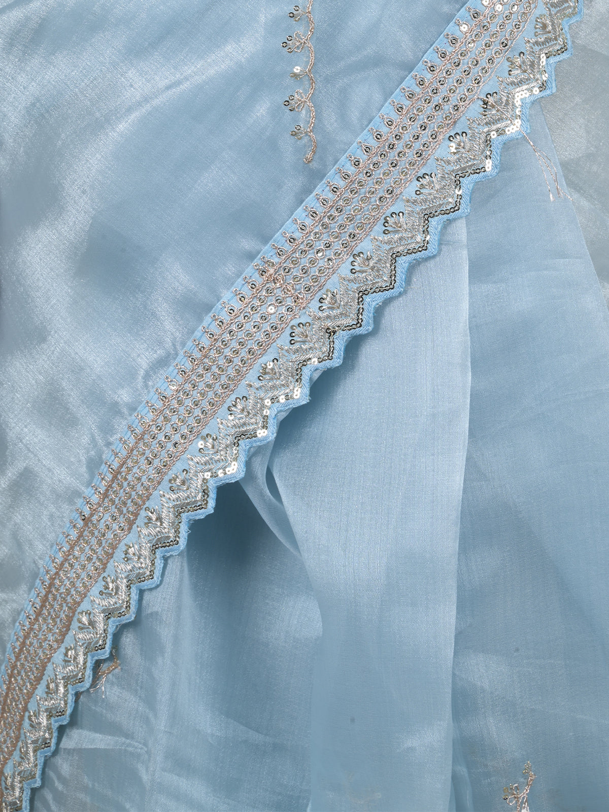 Odette Light Blue Embroidered Organza Saree With Unstitched Blouse For Women - Image 5