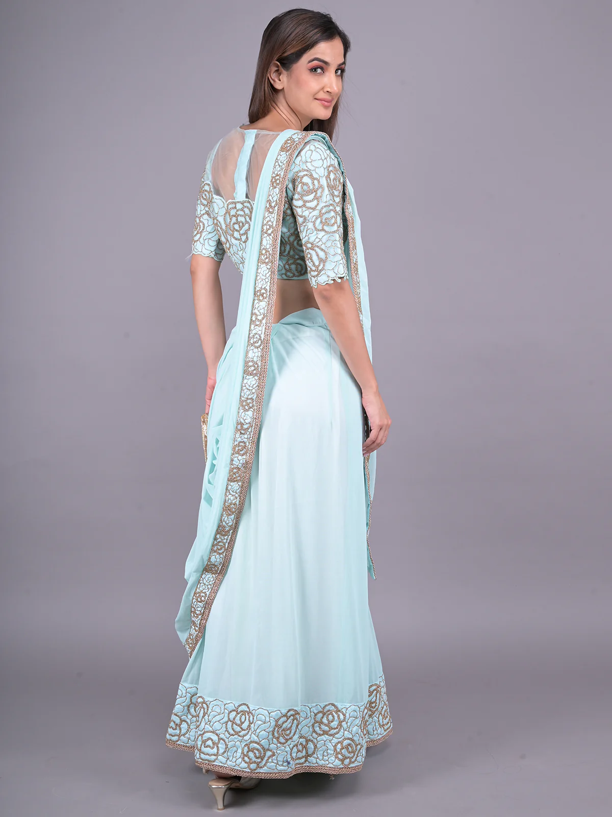 Odette Light Blue Embroidered Ready-To-Wear Saree With Stitched Blouse For Women - Image 3