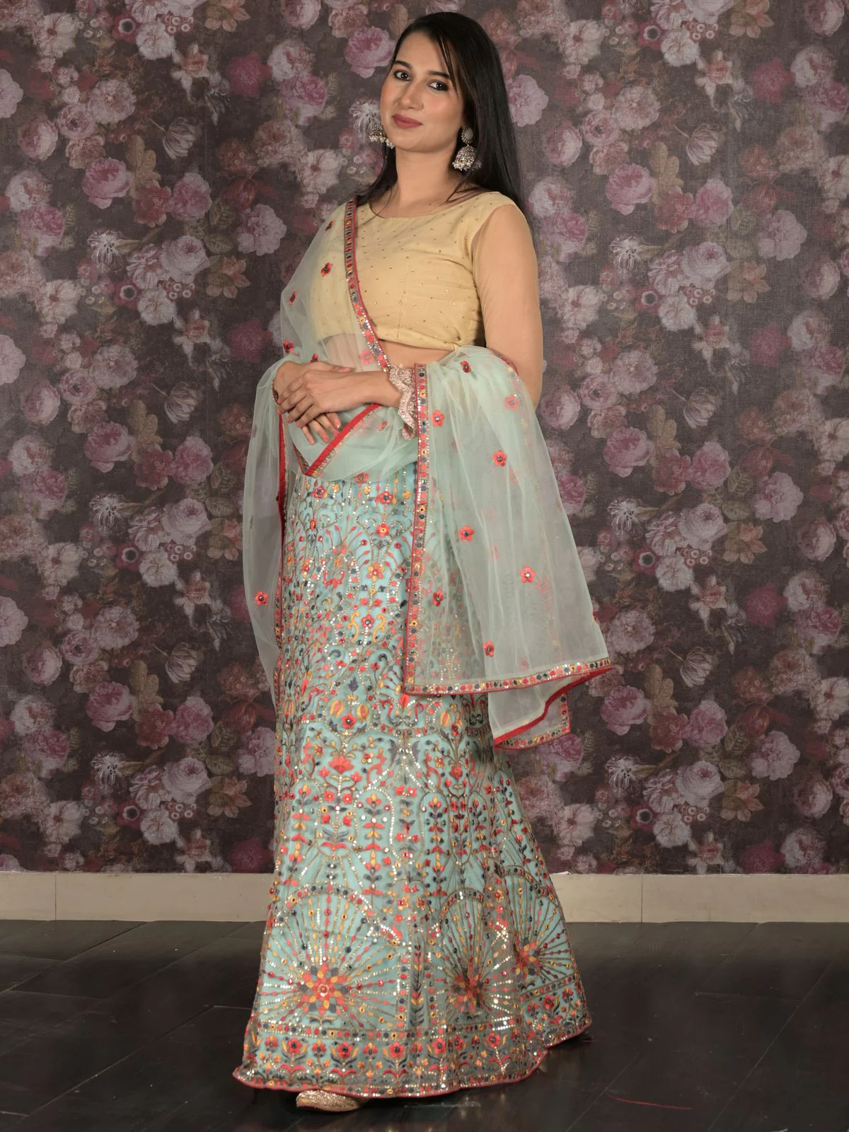 Odette Light Blue Embroidered Semi Stitched Net Lehenga Set With Dupatta And Unstitched Blouse For Women - Image 2