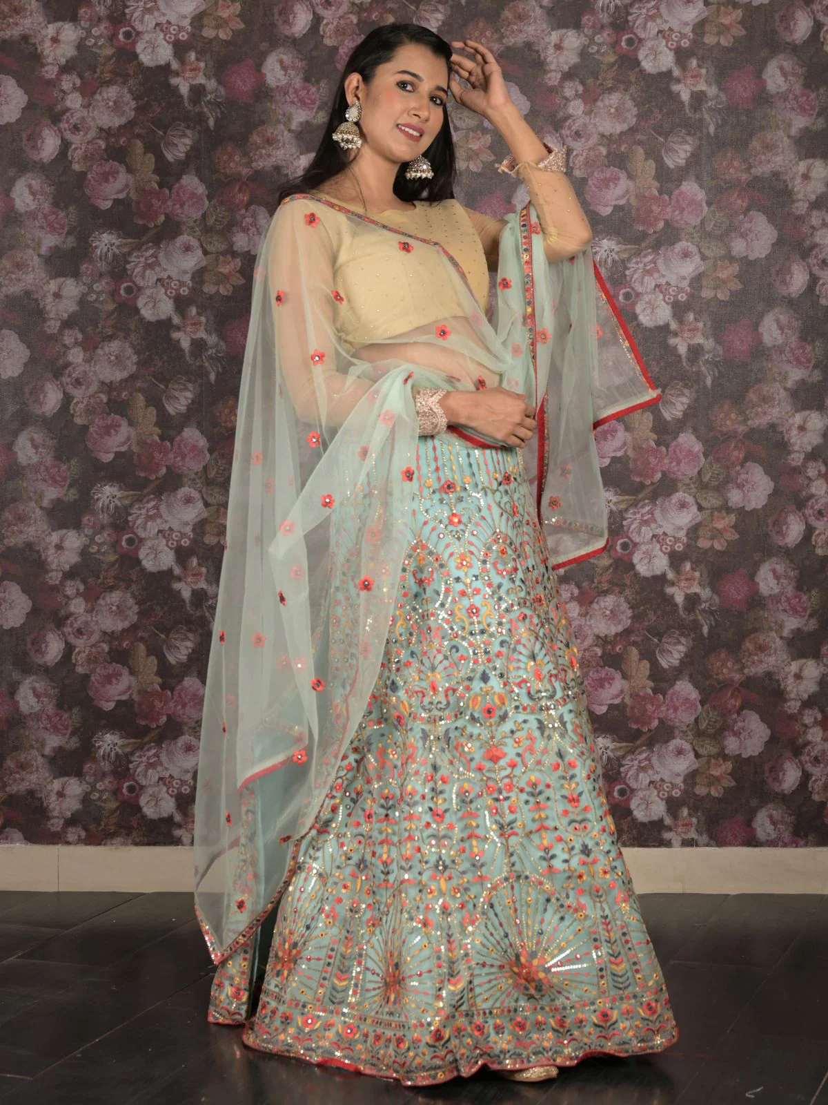 Odette Light Blue Embroidered Semi Stitched Net Lehenga Set With Dupatta And Unstitched Blouse For Women - Image 3