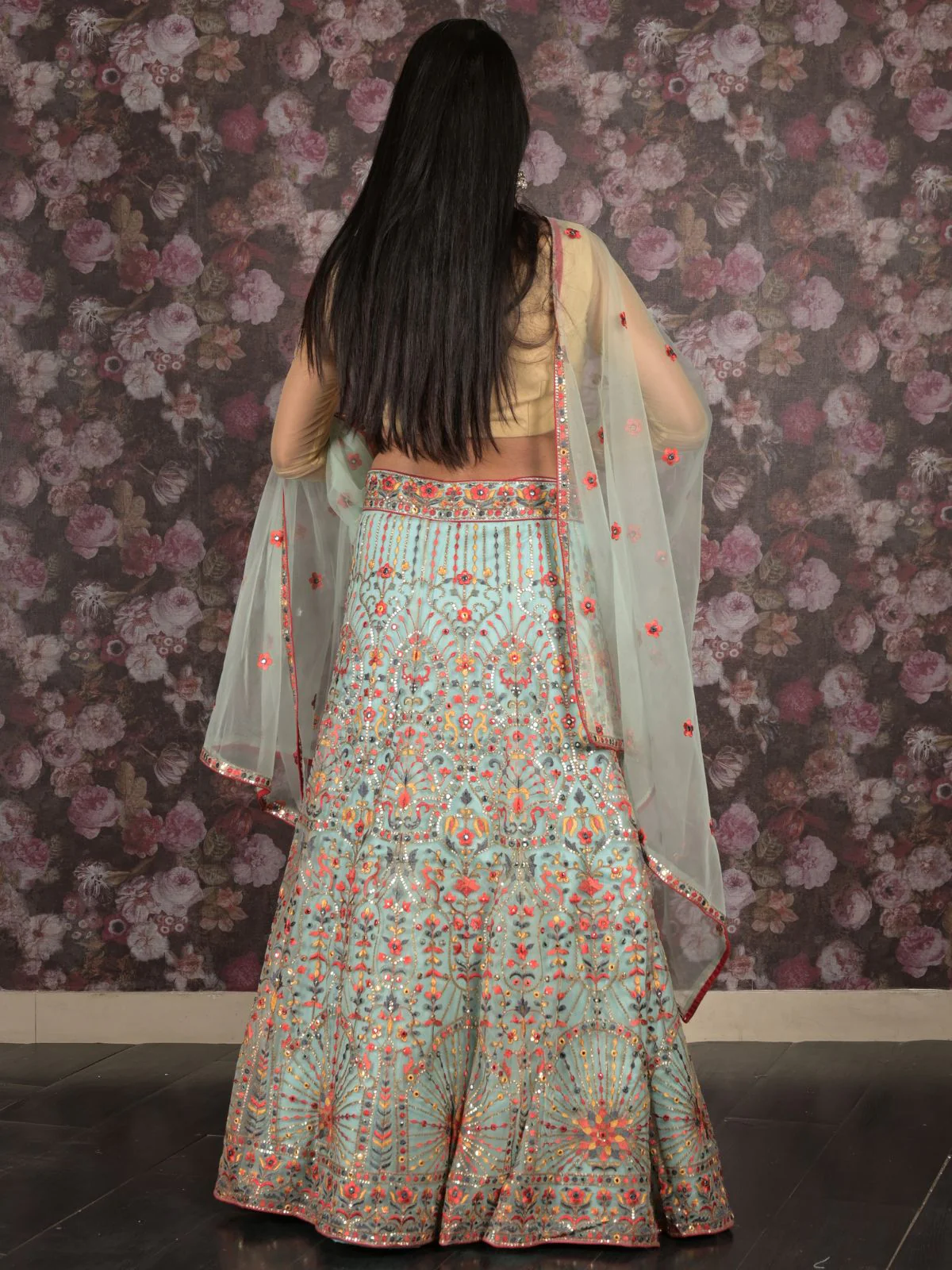 Odette Light Blue Embroidered Semi Stitched Net Lehenga Set With Dupatta And Unstitched Blouse For Women - Image 4