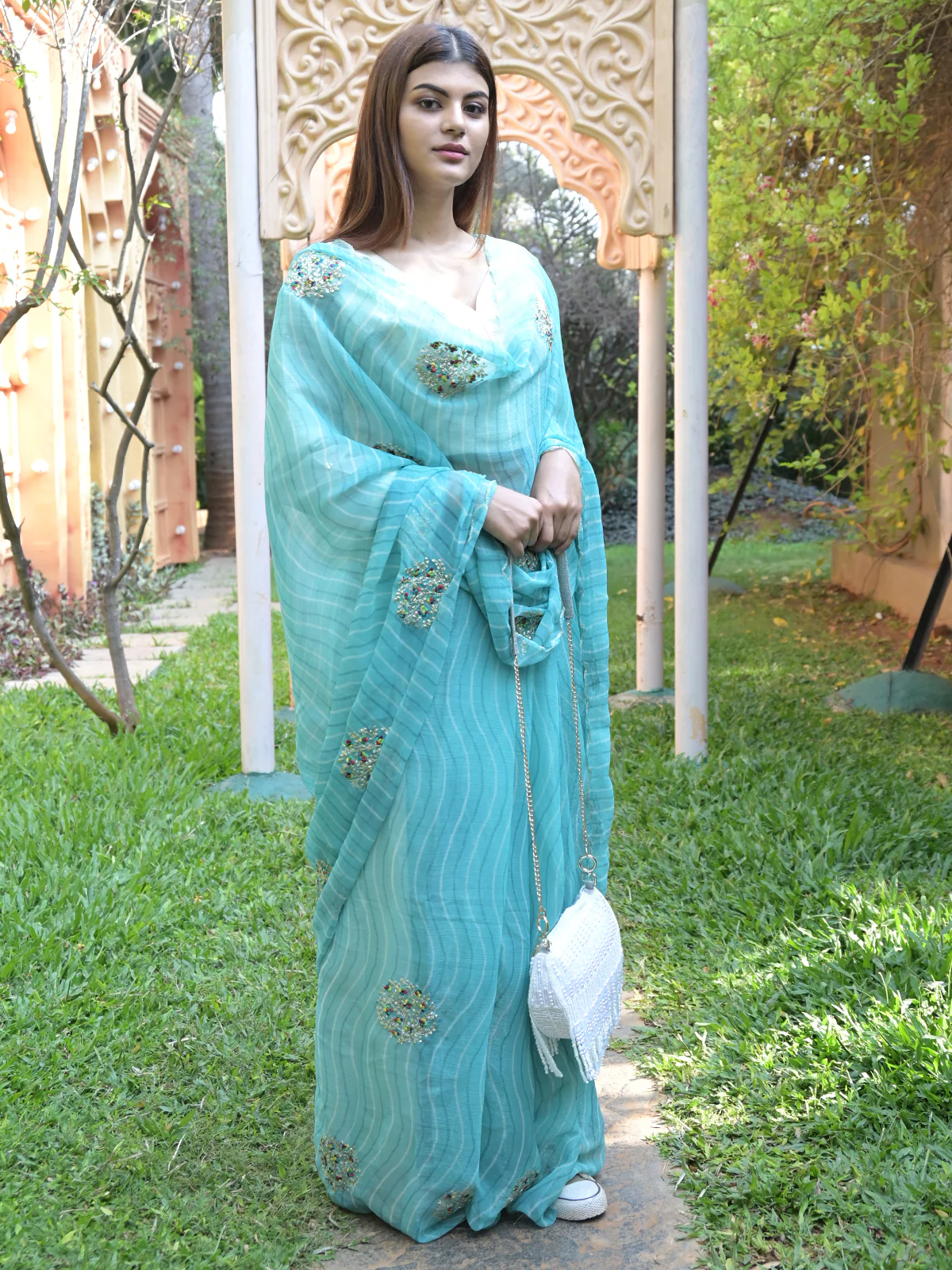 Odette Light Blue Embroidered Simmar Saree with Unstitched Blouse for Women - Image 2