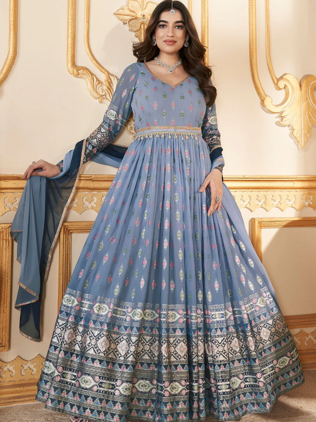 Odette Light Blue Faux Georgette Metalic Multi Foil Work Stitched Gown With Dupatta For Women - Image 2