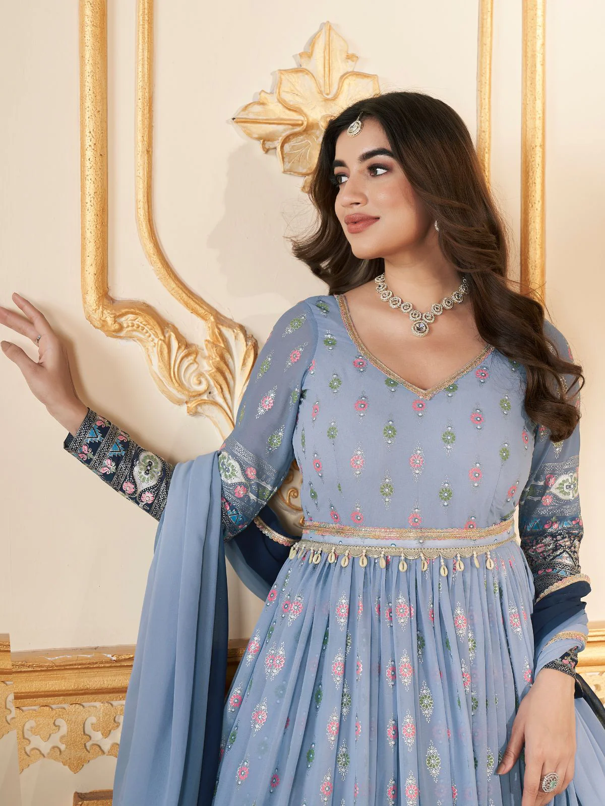 Odette Light Blue Faux Georgette Metalic Multi Foil Work Stitched Gown With Dupatta For Women - Image 5