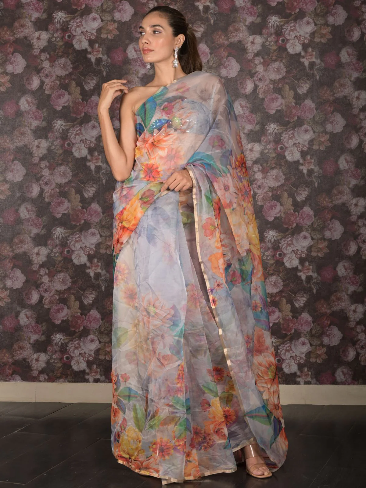 Odette Light Blue Floral Printed Organza Saree with Unstitched Blouse for Women - Image 2