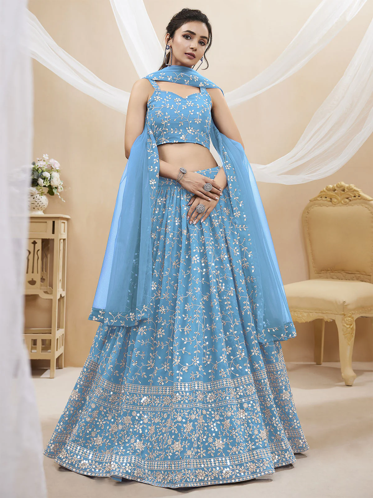 Odette Light Blue Georgette Embellished Semi Stitched Lehenga With Unstitched Blouse For Women - Image 2