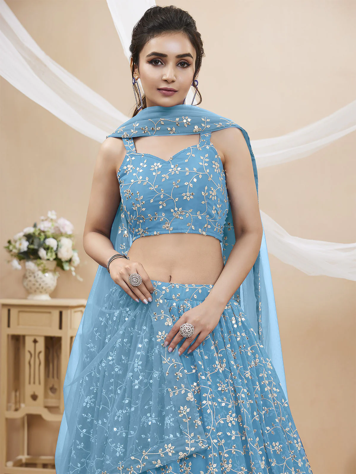 Odette Light Blue Georgette Embellished Semi Stitched Lehenga With Unstitched Blouse For Women - Image 4