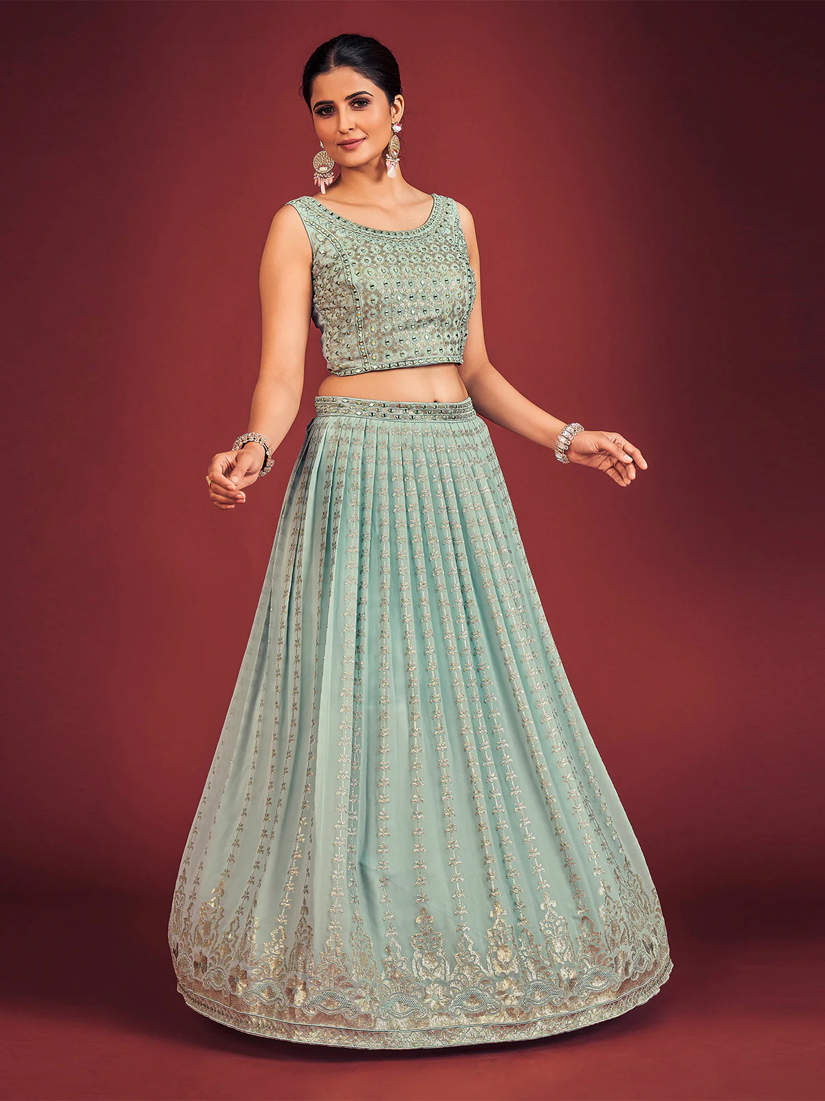 Odette Light Blue Georgette Embellished Stitched Lehenga Set For Women - Image 4