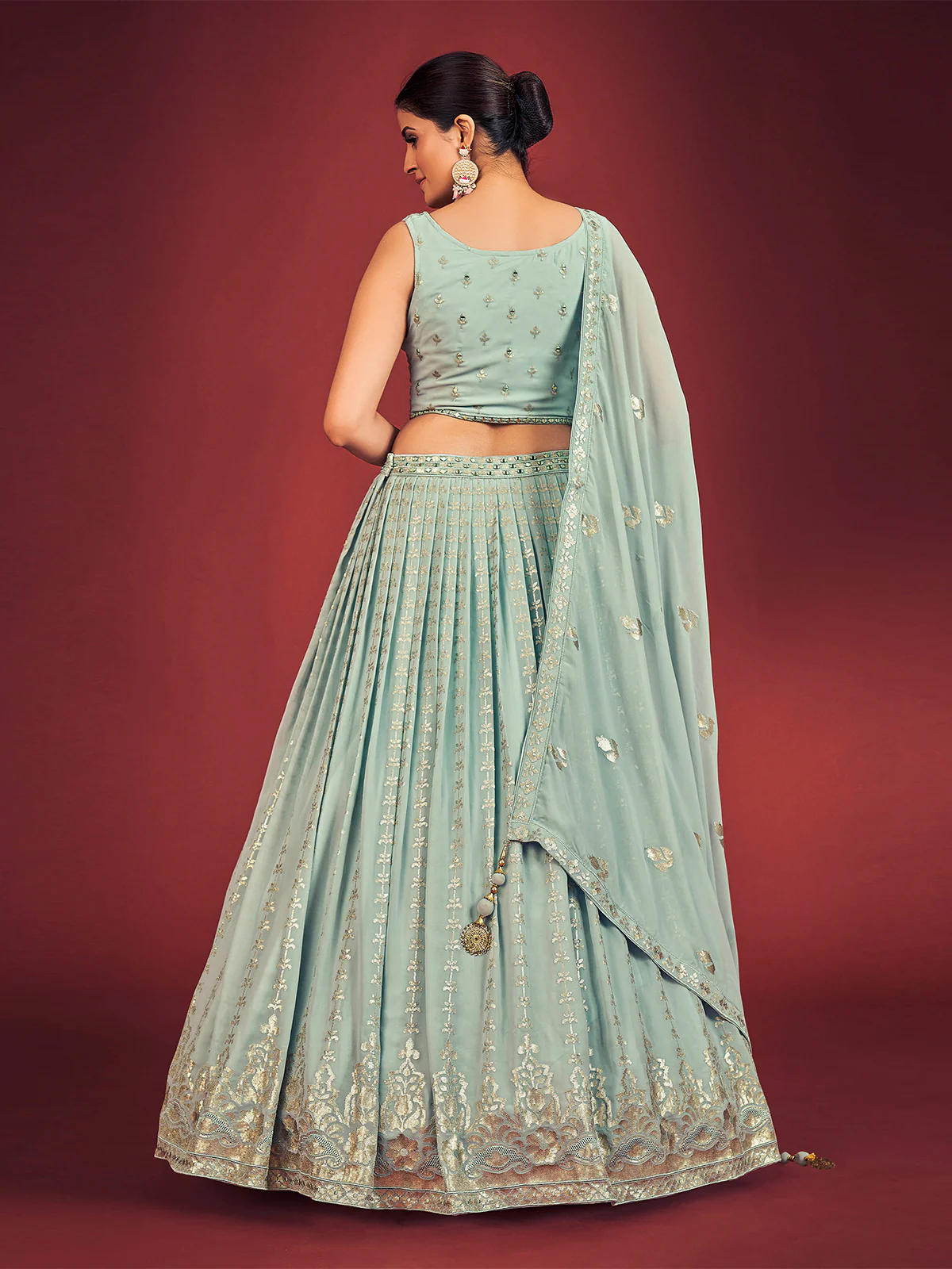 Odette Light Blue Georgette Embellished Stitched Lehenga Set For Women - Image 5