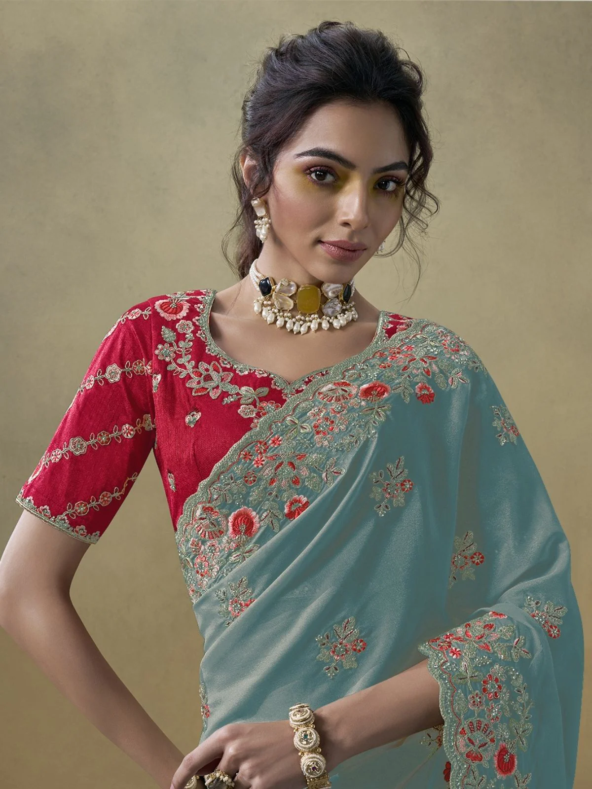 Odette Light Blue Georgette Embroidered Elegant Saree For Women - Image 2