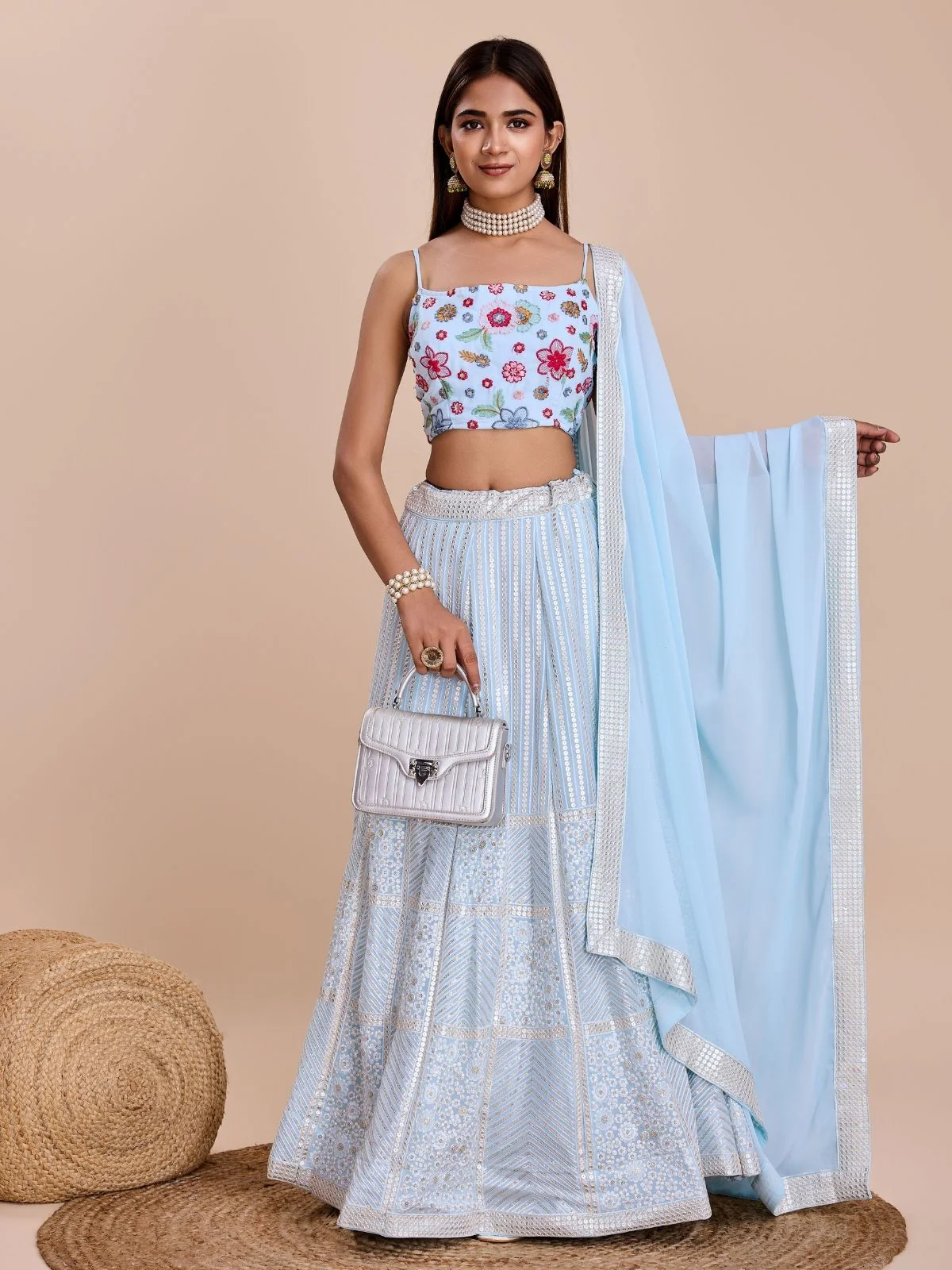 Odette Light Blue Georgette Embroidered Semi-Stitched Lehenga For Women - Image 2
